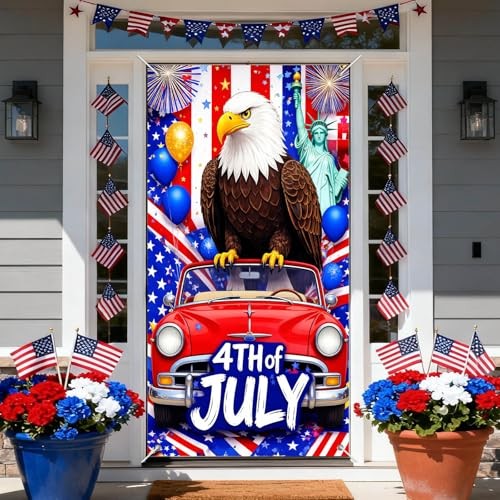 Patriotic Door Cover Decoration 71 x 35 in Holiday 4th of July Eagle Red Car