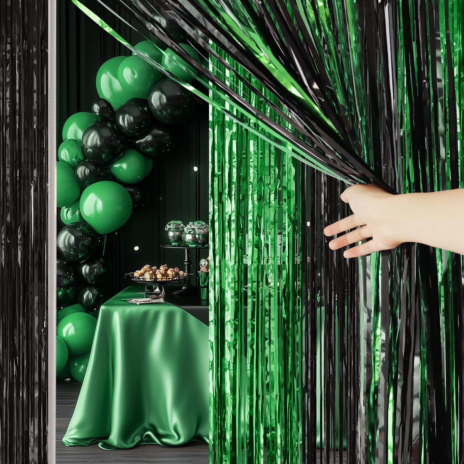 2 Pack Green Black Fringe Backdrop, 3.2×8.2ft Shining Foil Tinsel Curtains, …
