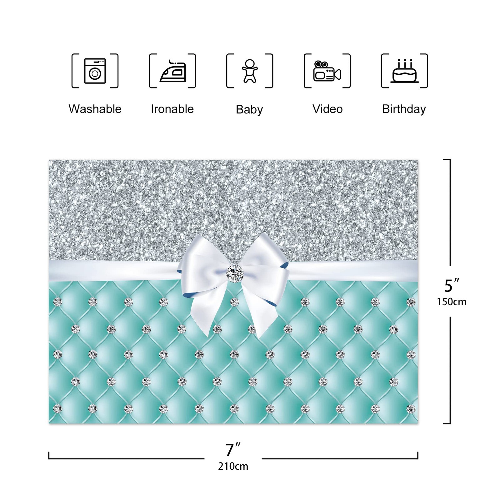 Breakfast Silver Blue Diamonds Bowknot Backdrop 7×5 Feet Teal Bridal Shower W…