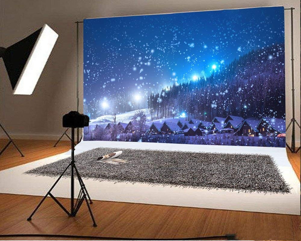 7x5ft Christmas Backdrop Rustic Village Night View Forest Trees Snowing Shini…