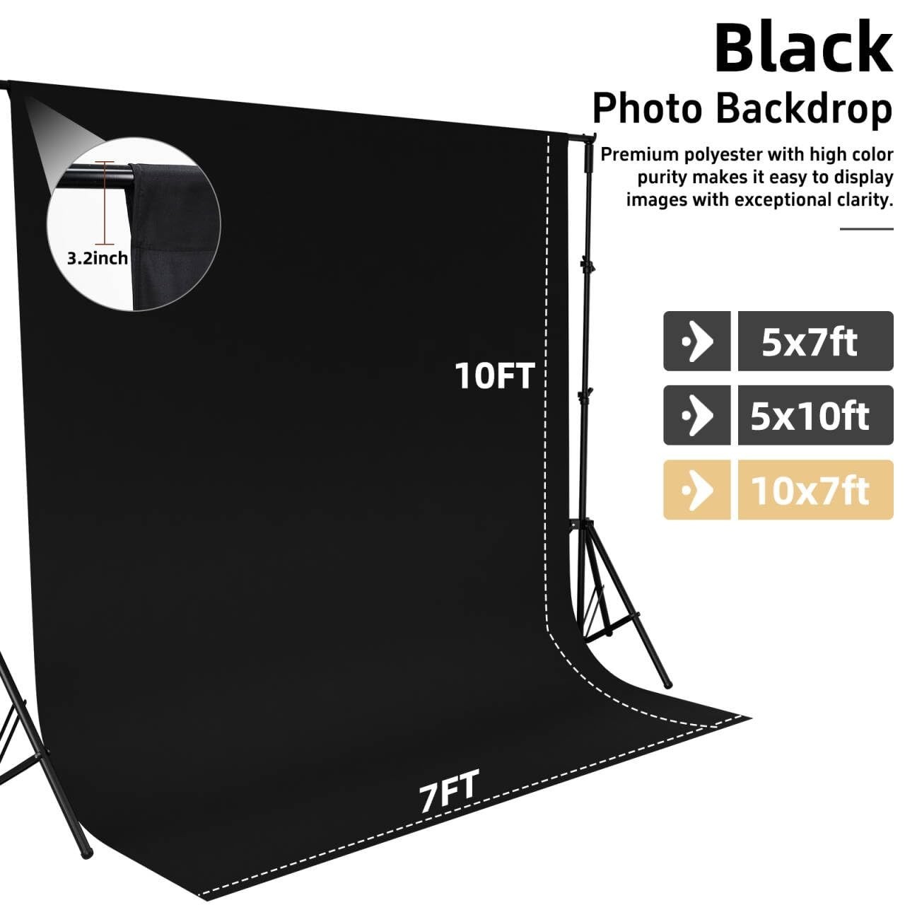 10x7FT Black Photography Backdrop – Studio Curtain for Portraits, Events & Video