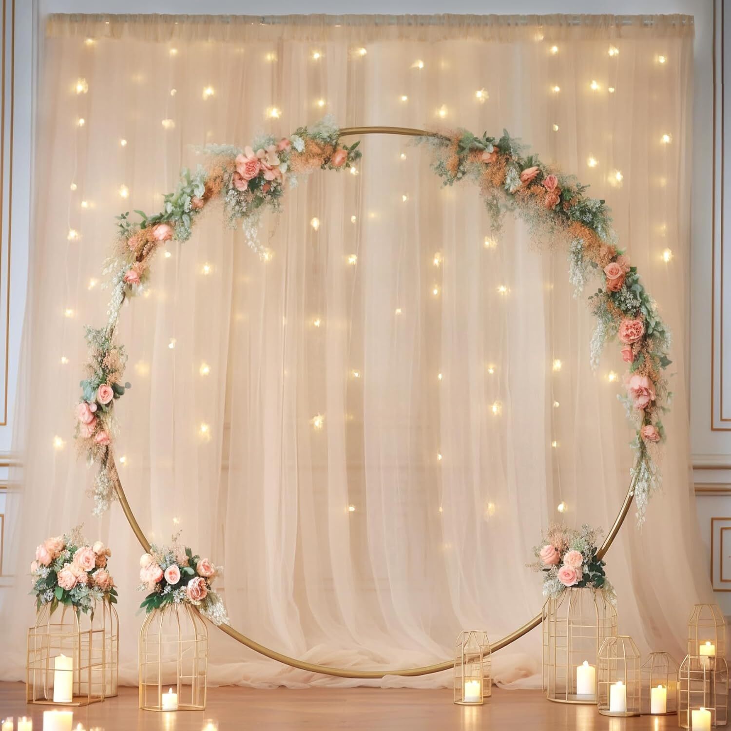 10×10ft Champagne Tulle Backdrop Curtain with Lights 10ftx10ft,