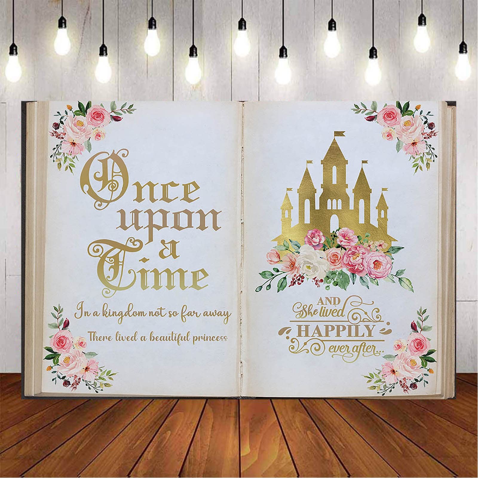 Aumeko Once Upon a Time Backdrop Pink Floral Gold Castle Princess 7x5ft,
