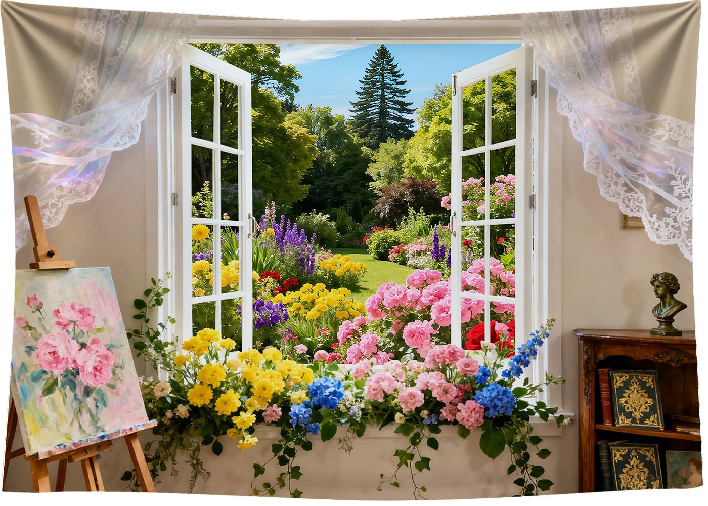 Spring Summer Garden White Window Blooming Flowers Curtain Backdrop 7×5 FT