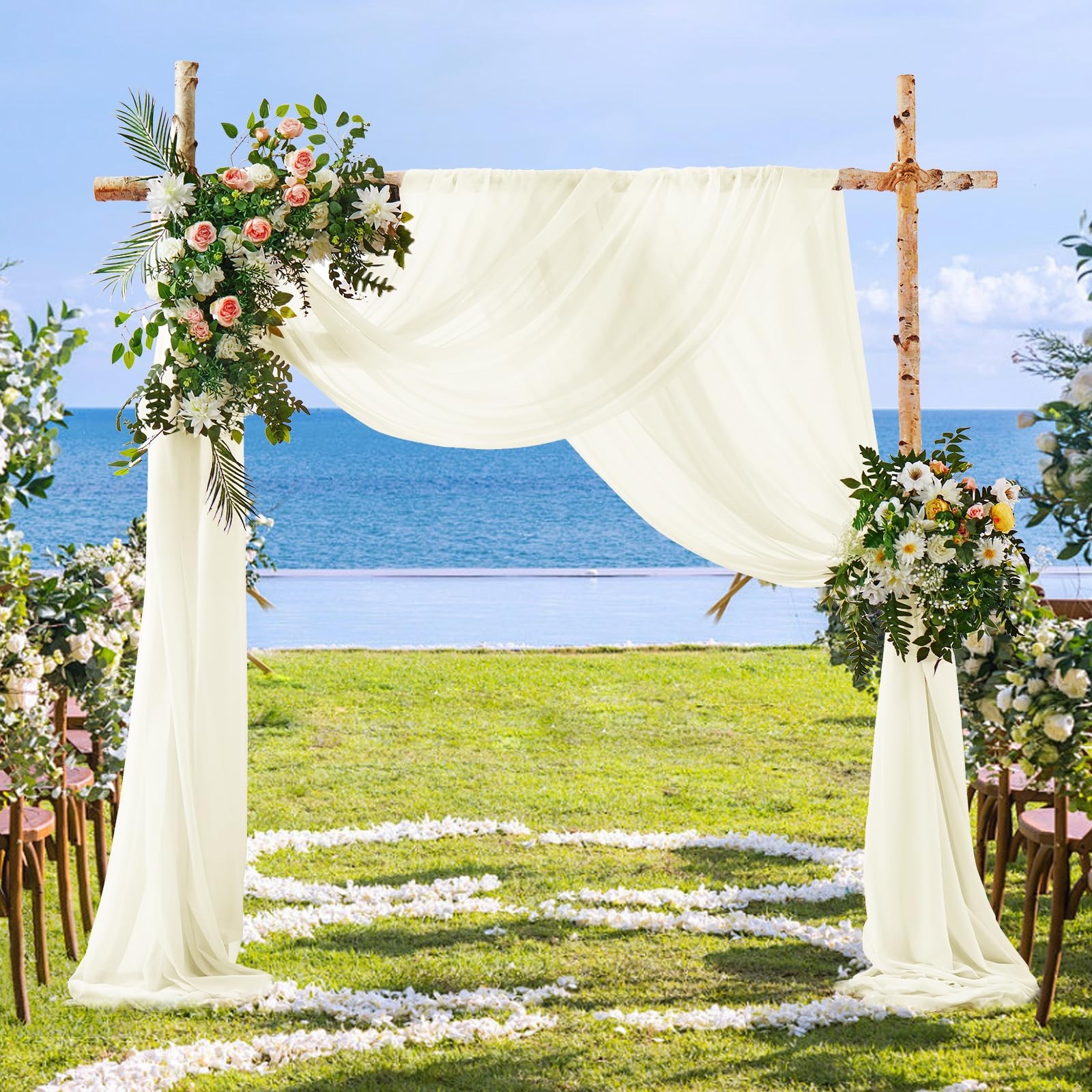2 Panels Wedding Arch Draping Fabric 30″ x 20Ft Ivory Sheer Chiffon Fabric Ou…