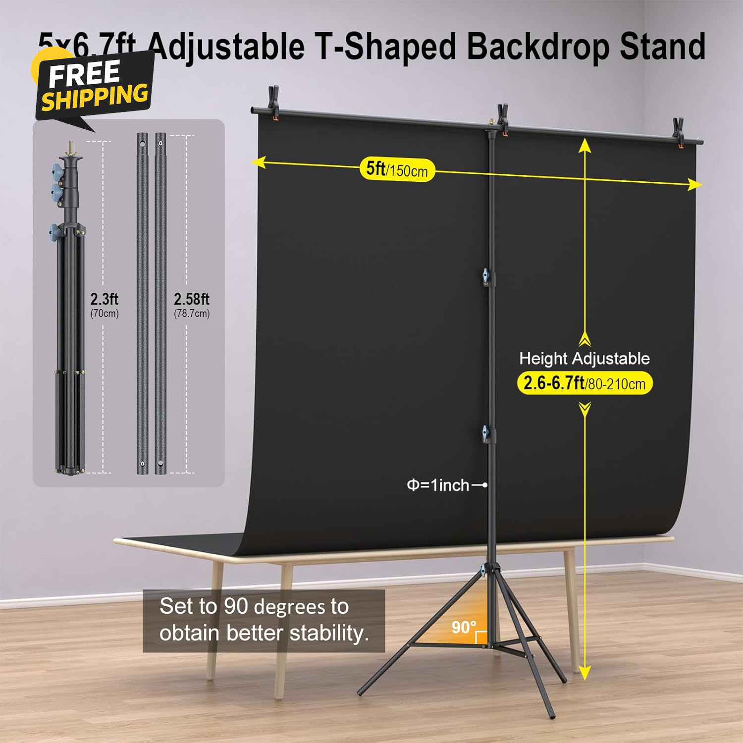5×6.7Ft Photo Backdrop Stand Kit T-Shape Background Stand Carry Bag Black