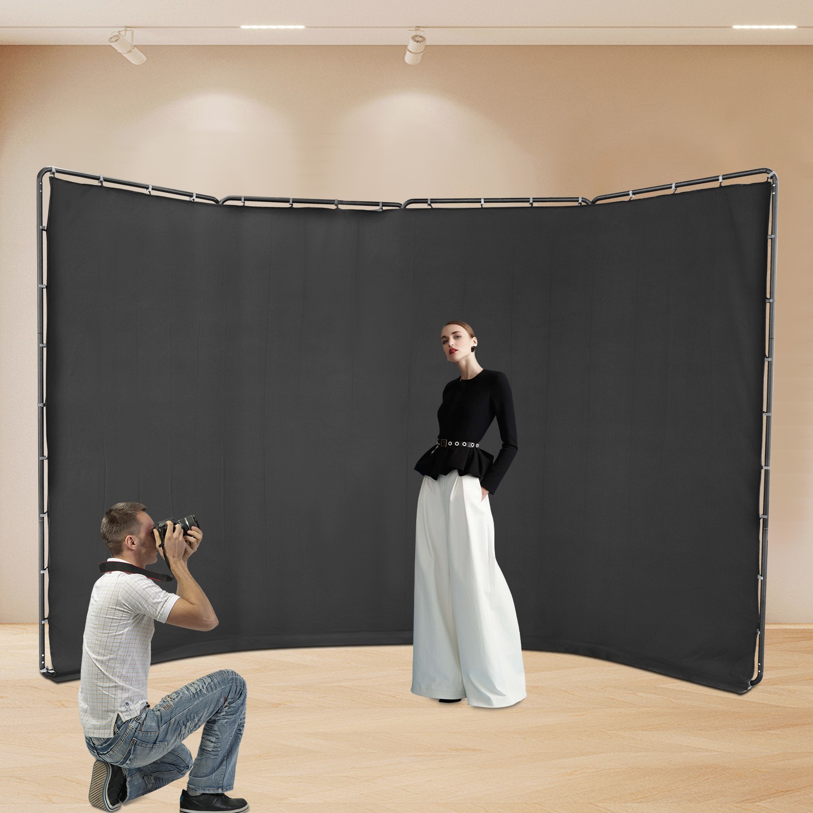 Backdrop Stand Floor Standing Photography Backdrop Stand w/Black Cloth 3.88*2.3m