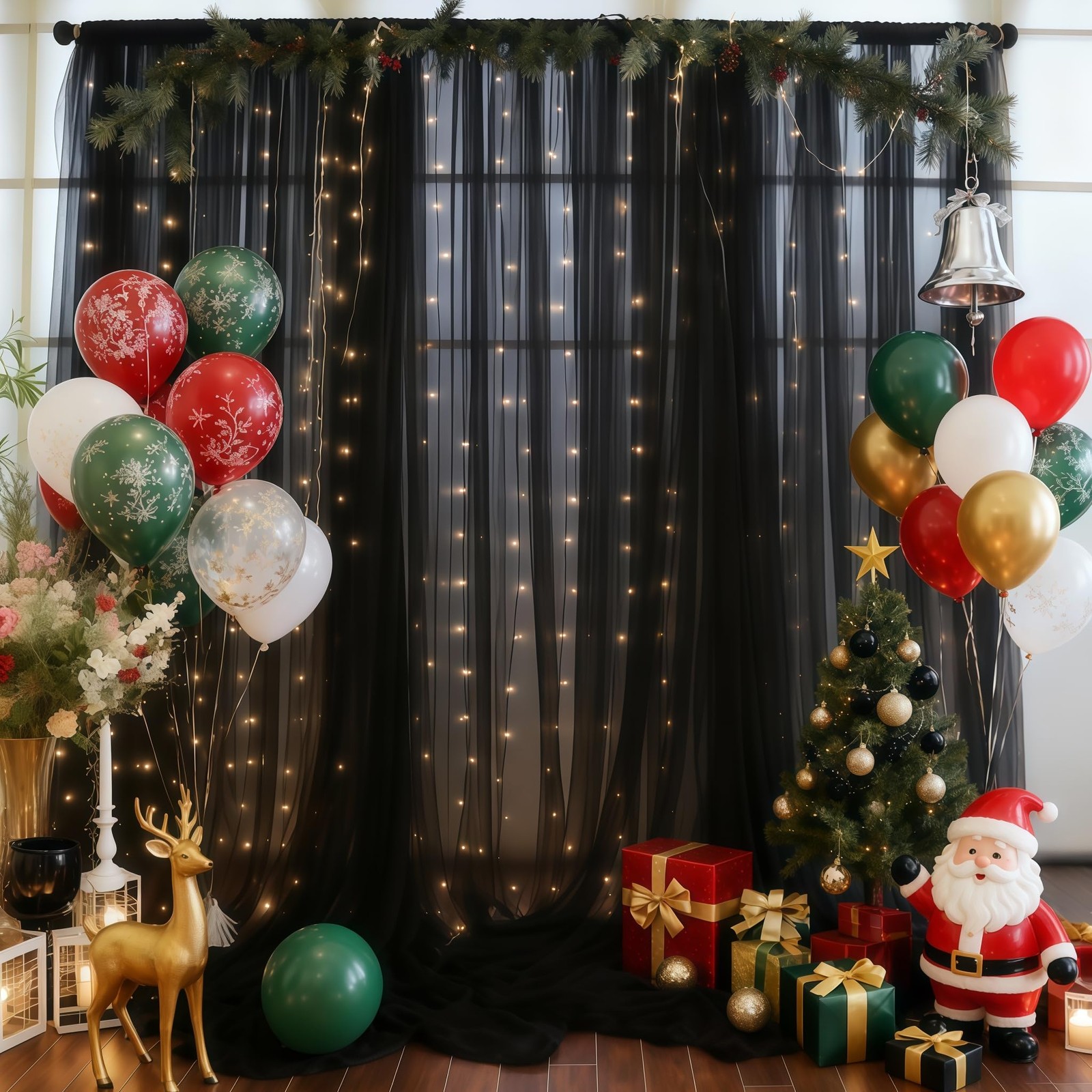 10×10ft Black Tulle Backdrop Curtain with Lights String for Parites, Sheer Ph…