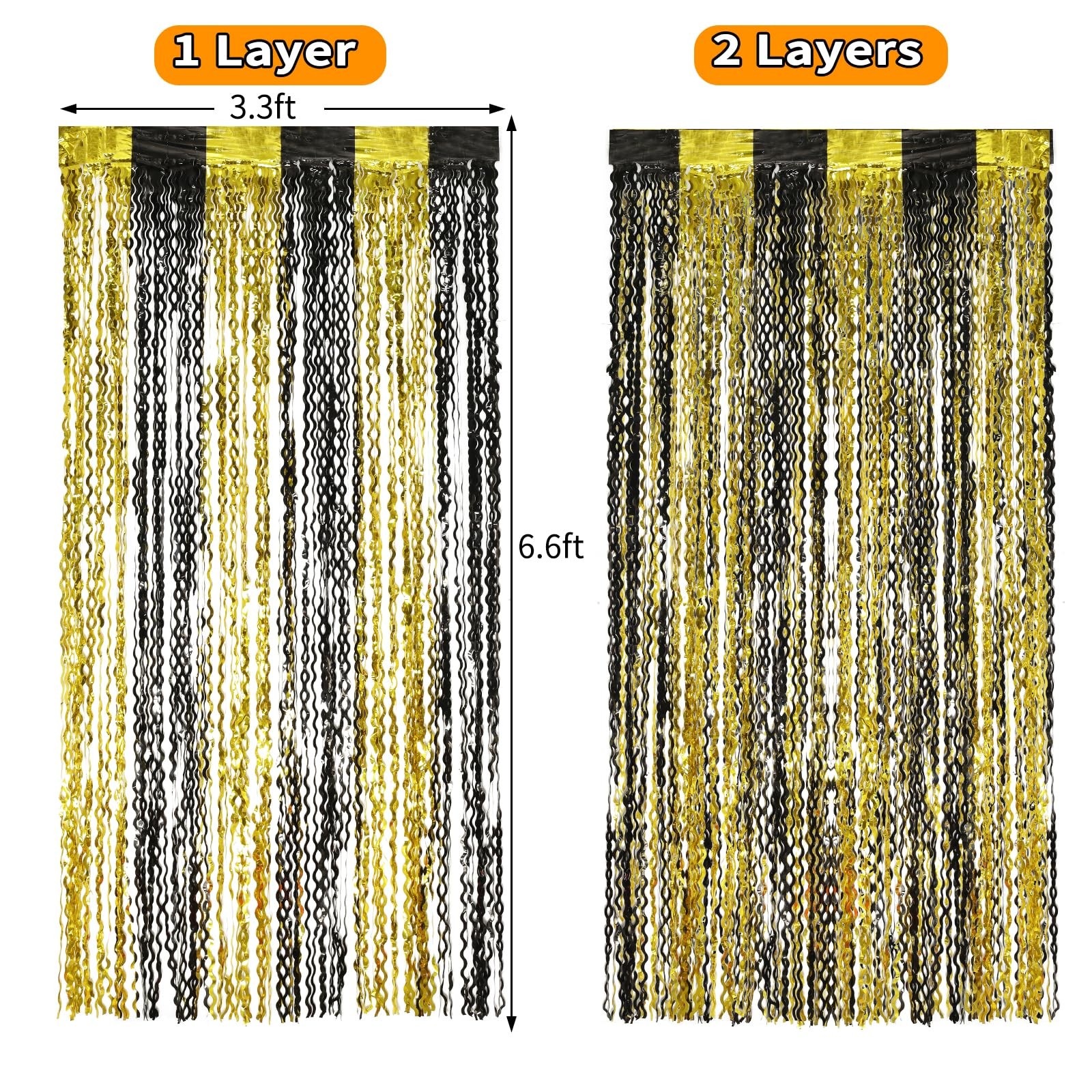 4 PCS Black Gold Wavy Foil Fringe Curtains Streamers 3.3×6.6 Ft Photo Backdrop