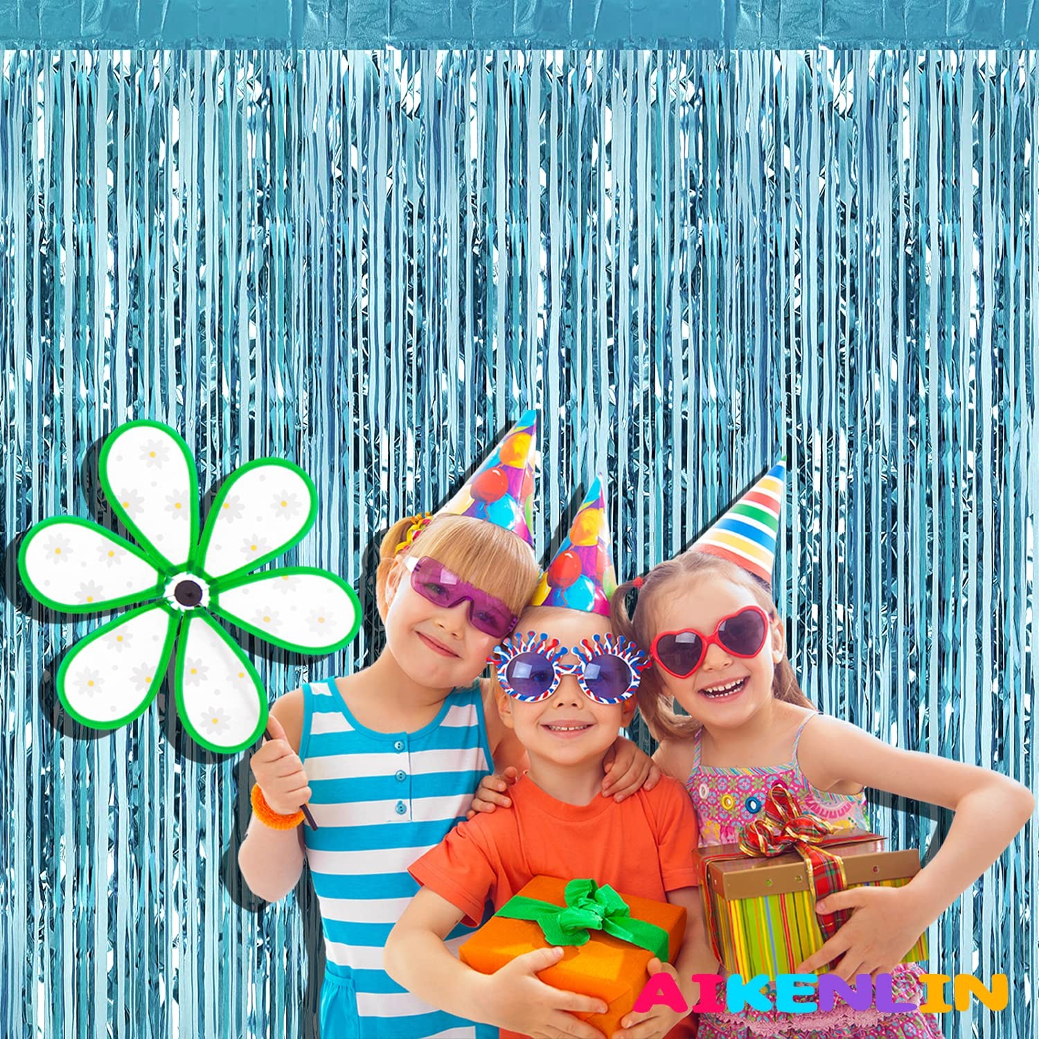 4 Pack Light Blue Foil Fringe Curtain Backdrop, 3.2Ft x 9.8Ft Metallic Tinsel…