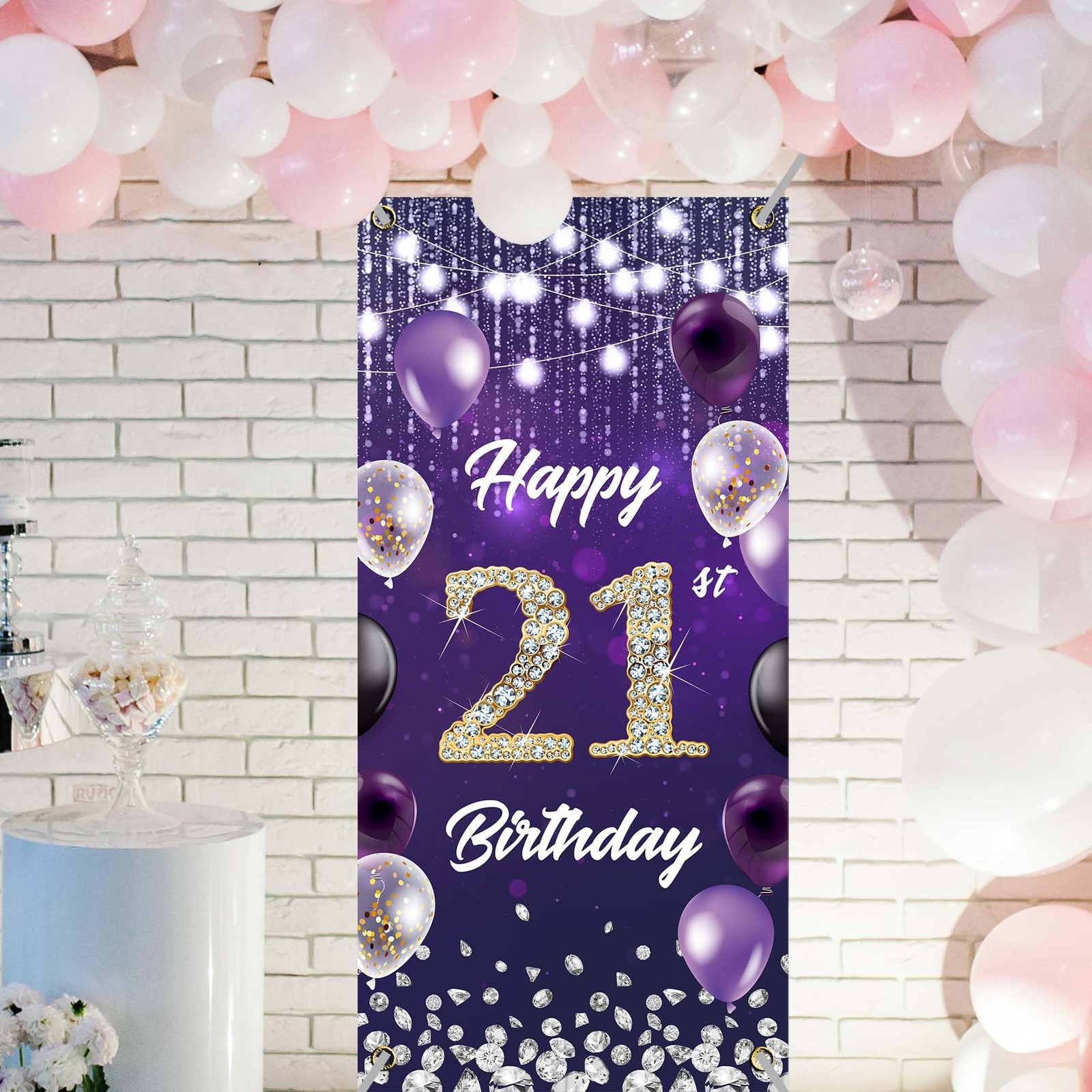 Happy 21st Birthday Backdrop Banner Purple Theme 2.95 feet x 5.98 feet, 21