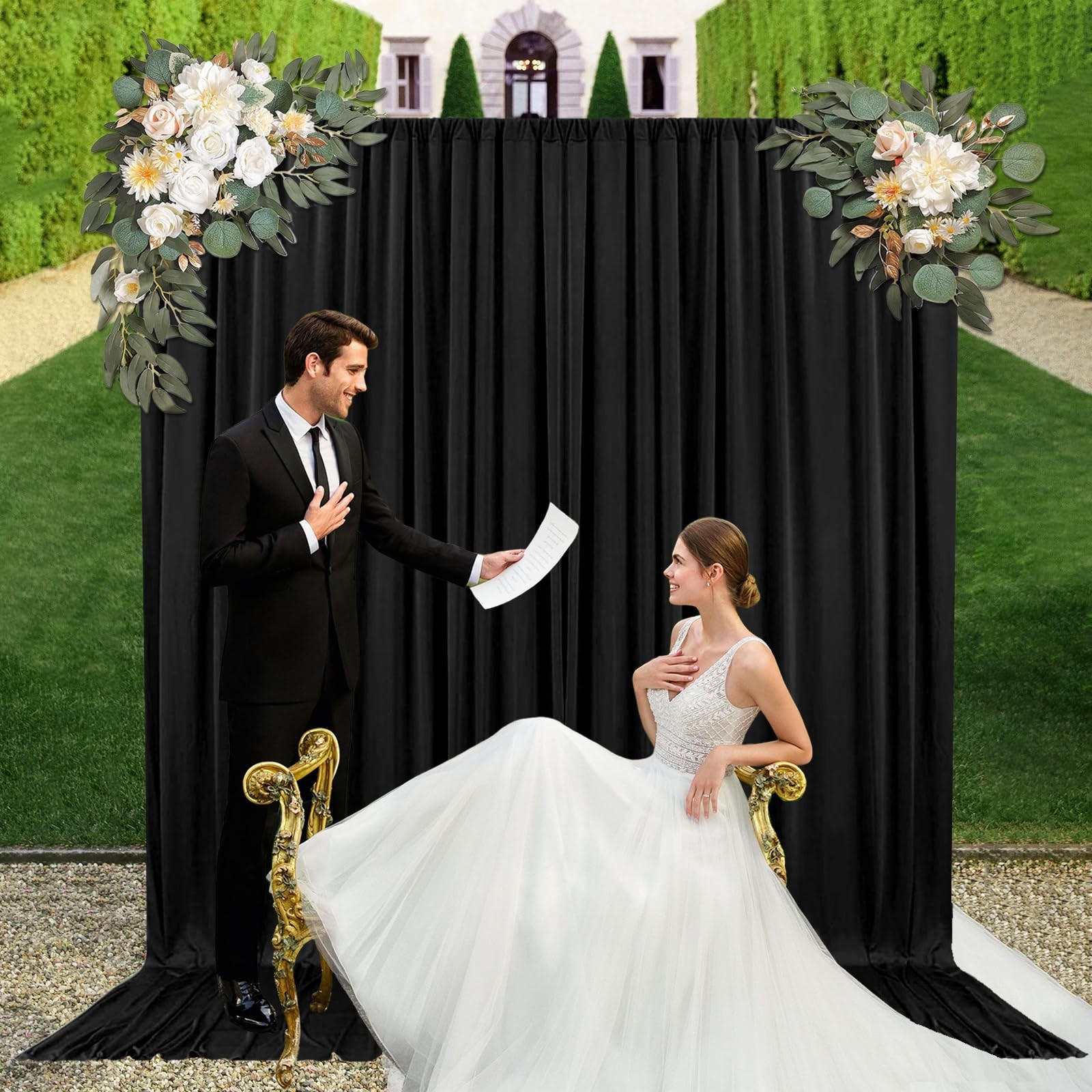 2 PCS Black 10×7 Ft Fabric Satin Backdrop Curtain Rod Pocket Photography