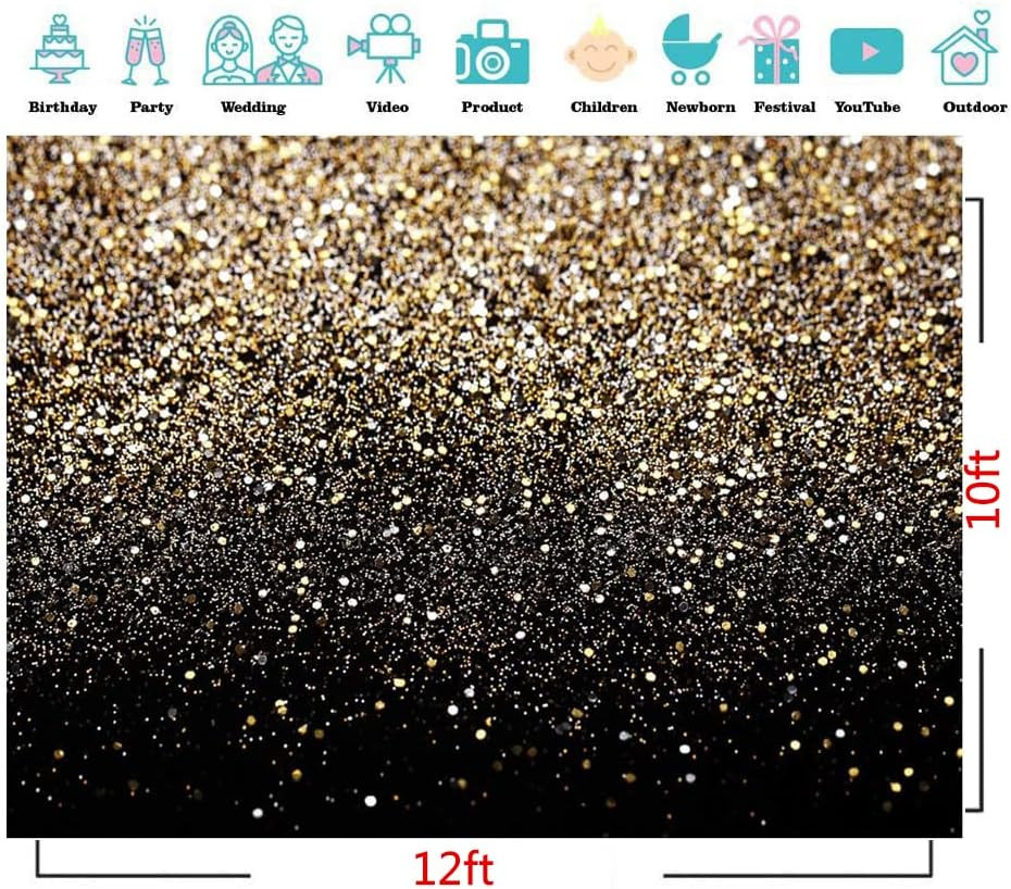 Black and Gold Vinyl Backdrop 12x10ft for Birthdays & Newborn Photography