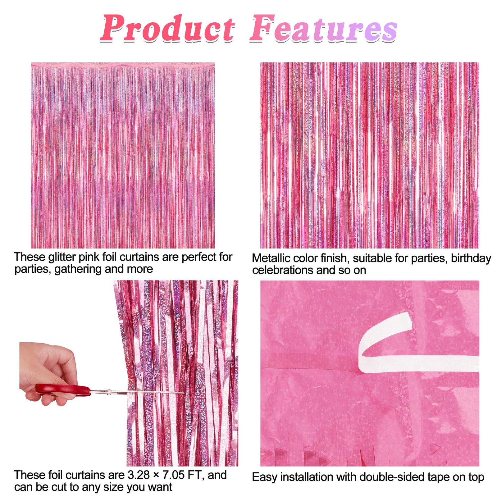 2 Pack Glitter Pink Backdrop, 3.28 FT x 7.05 Birthday 2 PCS, pink