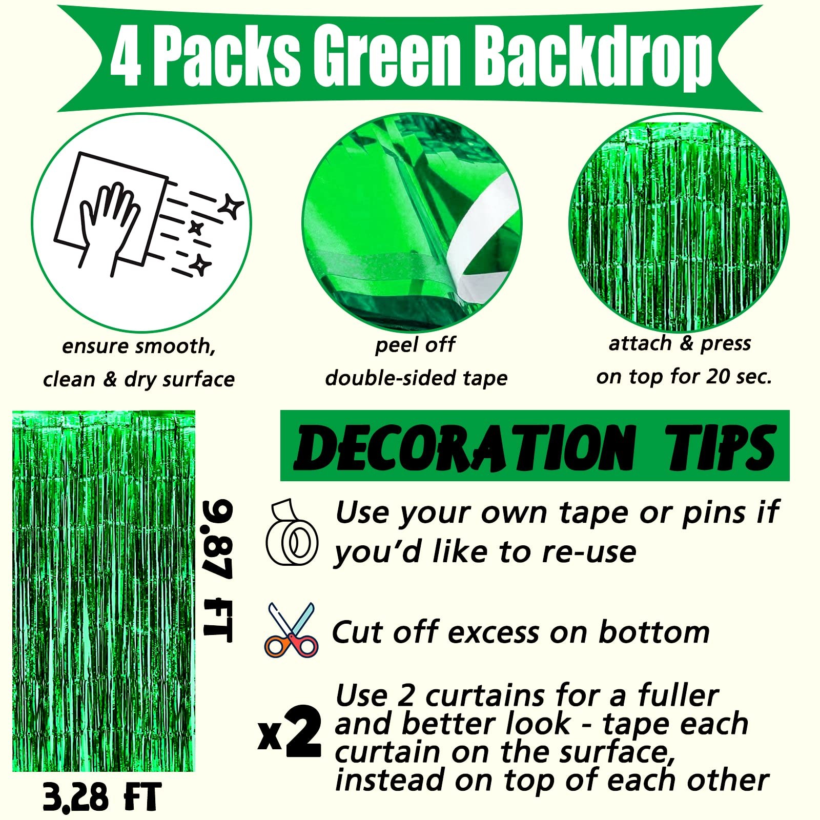 4 PCS Green Fringe Curtain Backdrop 3.2Ft x 9.8Ft Metallic Tinsel Party Decor