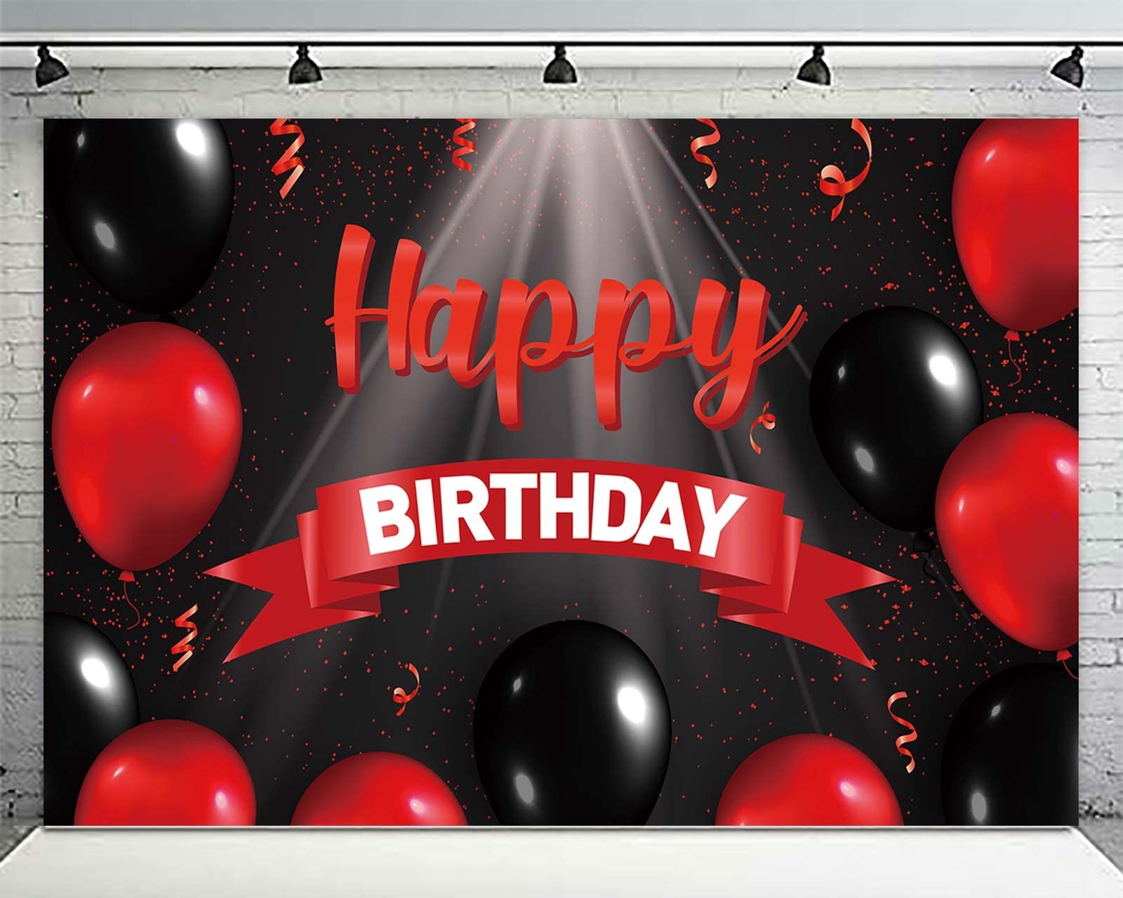 Happy Birthday Banner Backdrop Decorations Red and Black Balloons Spotlight T…