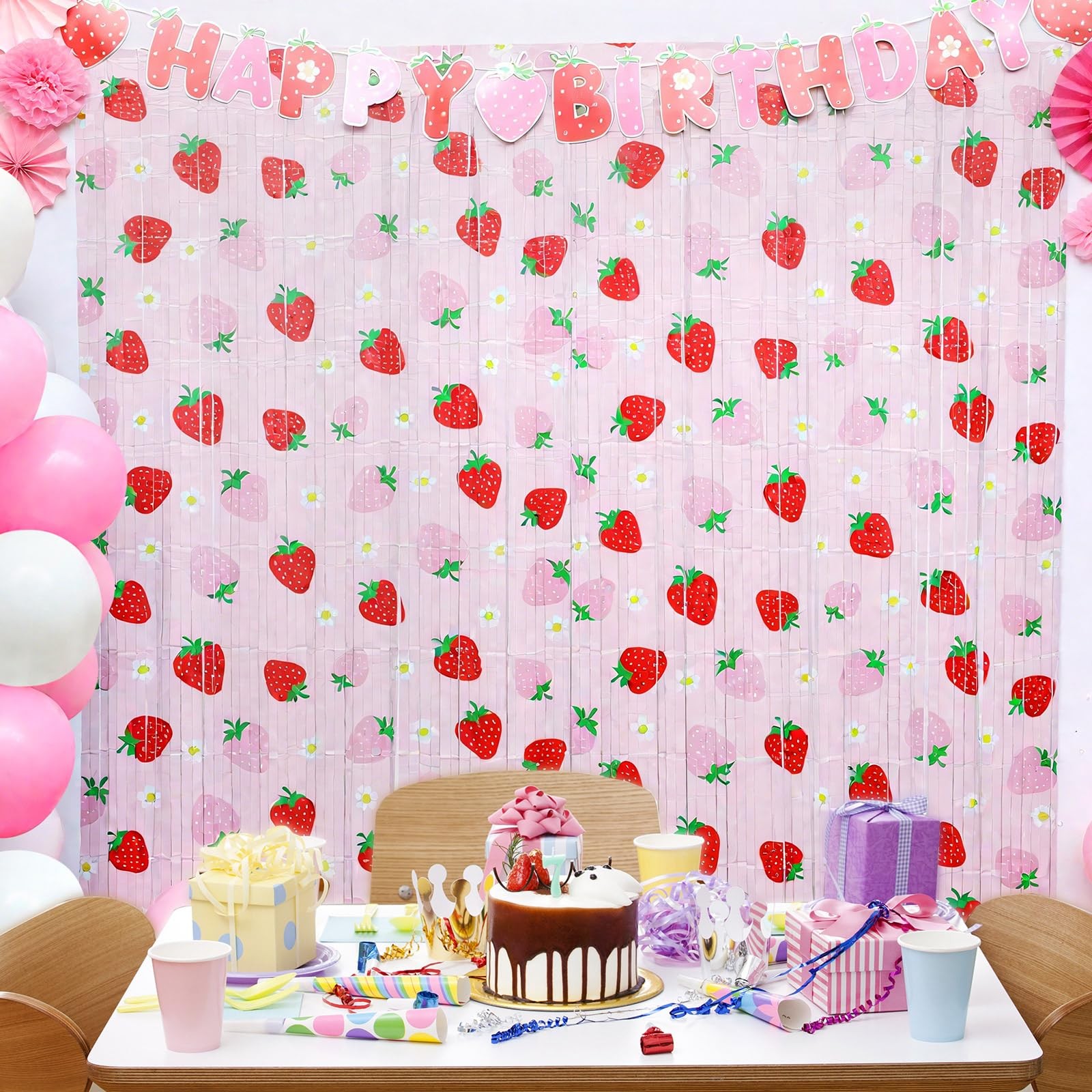 2 PCS Strawberry Foil Fringe Curtain Birthday Party Backdrop 3.3×6.6 FT
