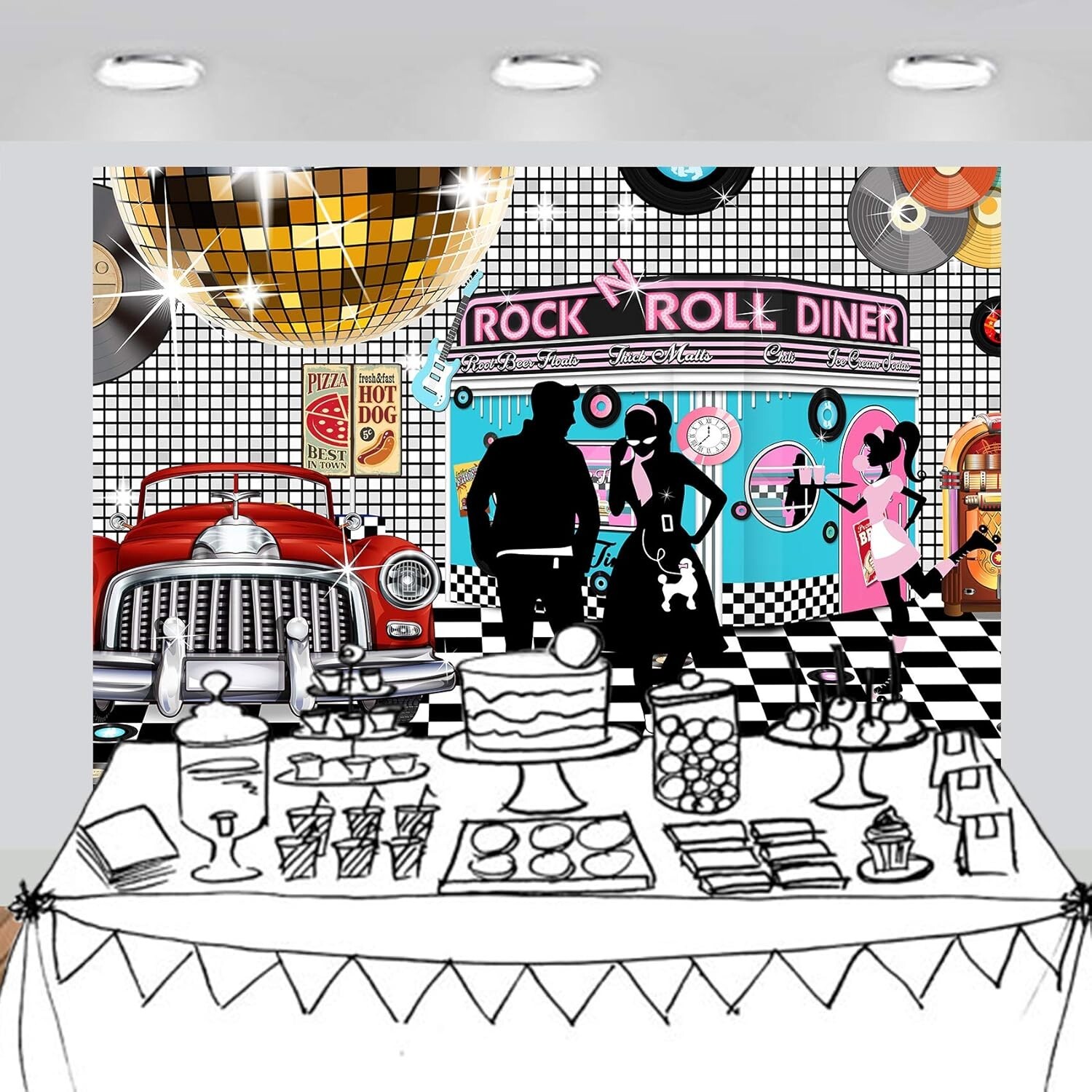 Vibrant 50s Diner Photo Booth Backdrop 7×5 Feet – Perfect for Nostalgic Events