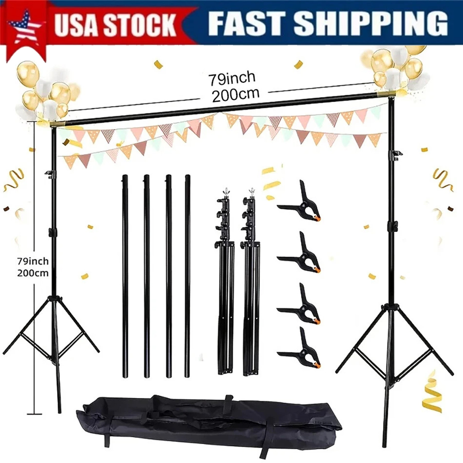 Adjustable Backdrop Stand Background Support System with Carrying Bag + 4 Clamps