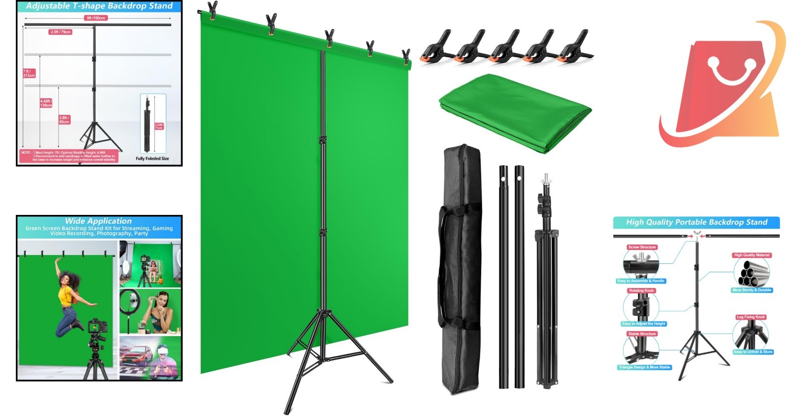Green Screen Backdrop Kit with Stand 5X6.5ft Portable for Streaming Video