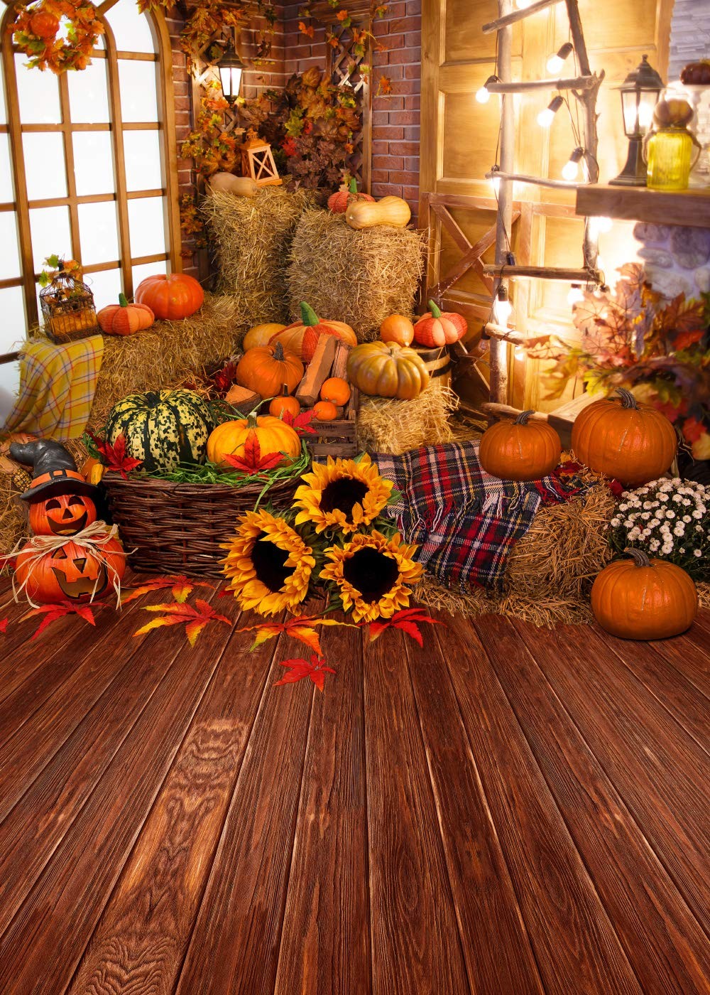 Fall Thanksgiving Photography Backdrop Wooden Floor Barn Harvest Photo Backgroun