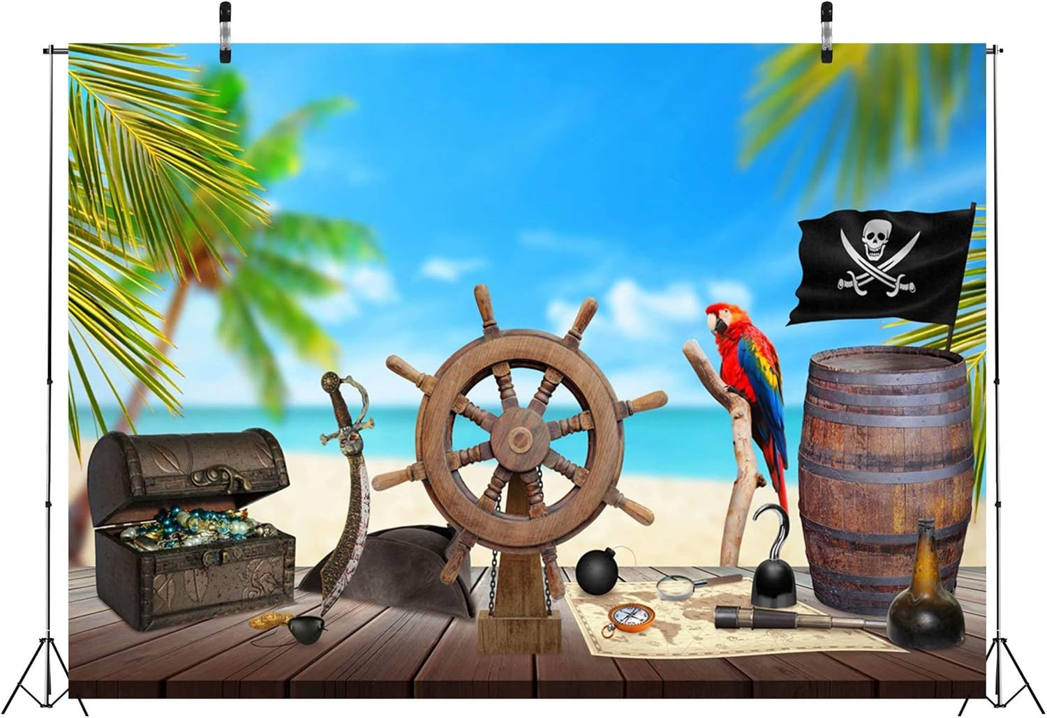 7x5ft Fabric Pirate Backdrop for Photography Beach Pirate Ship Wooden Rudder Tre