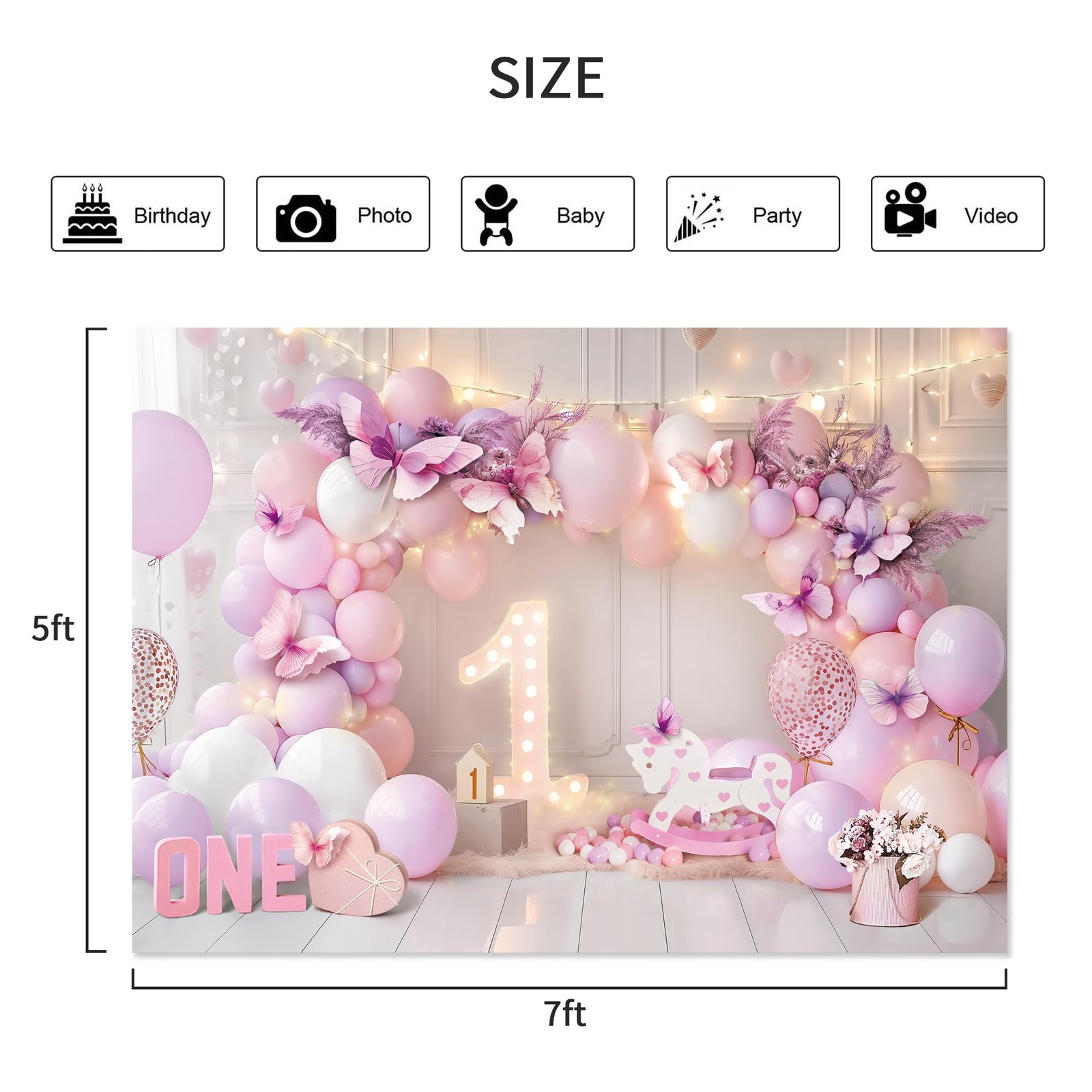 Girl 1st Birthday Backdrop 7Wx5H Feet Purple Pink Princess Balloons Lights Bu…