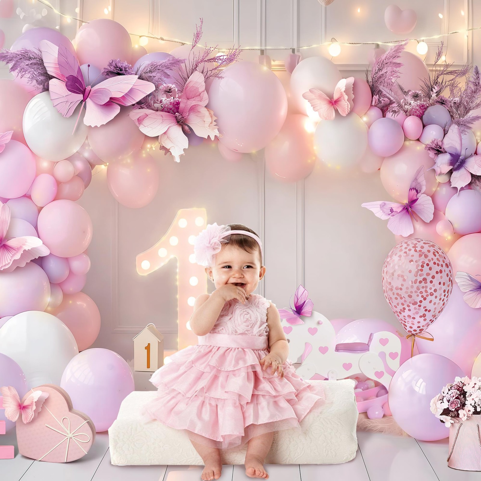 Girl 1st Birthday Backdrop 7Wx5H Feet Purple Pink Princess Balloons Lights Bu…