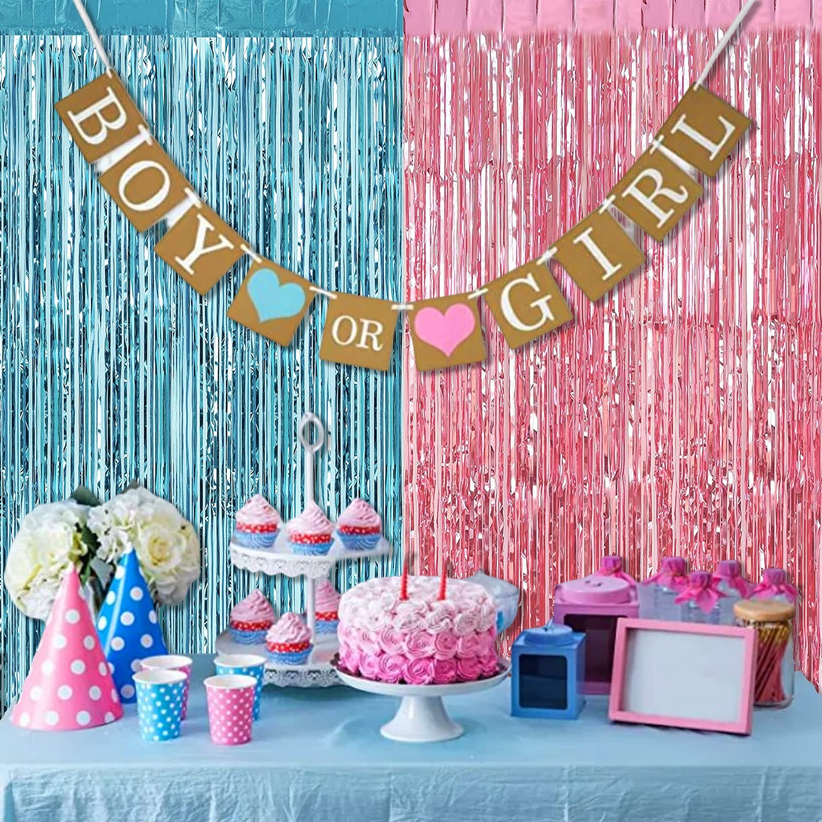 4-Pack 3.2×8.2ft Pink Blue Foil Fringe Curtain Tinsel Streamer Backdrop