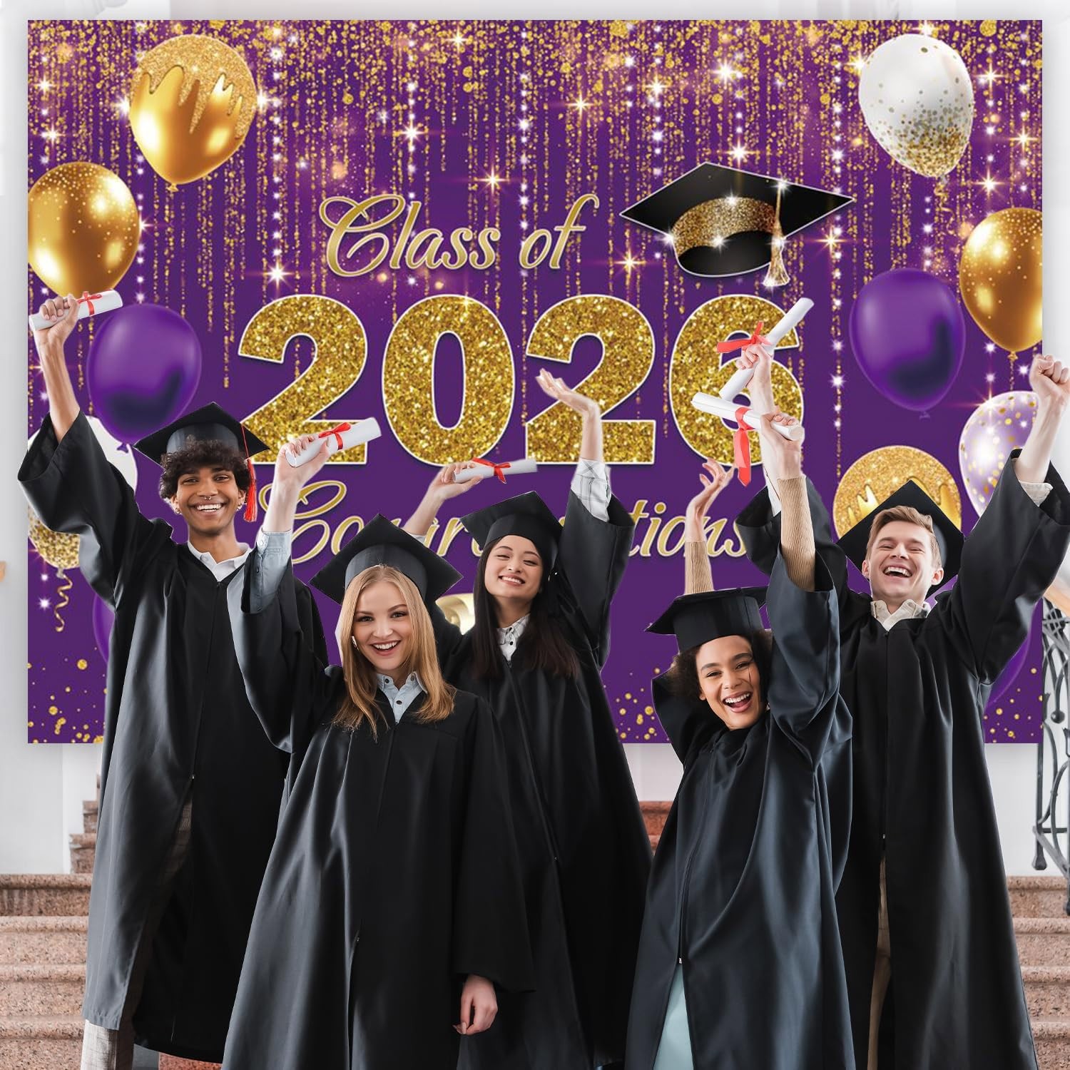 7x5ft Class of 2026 Party Backdrop, Purple and Gold Congrats Grad Backdrop Congr