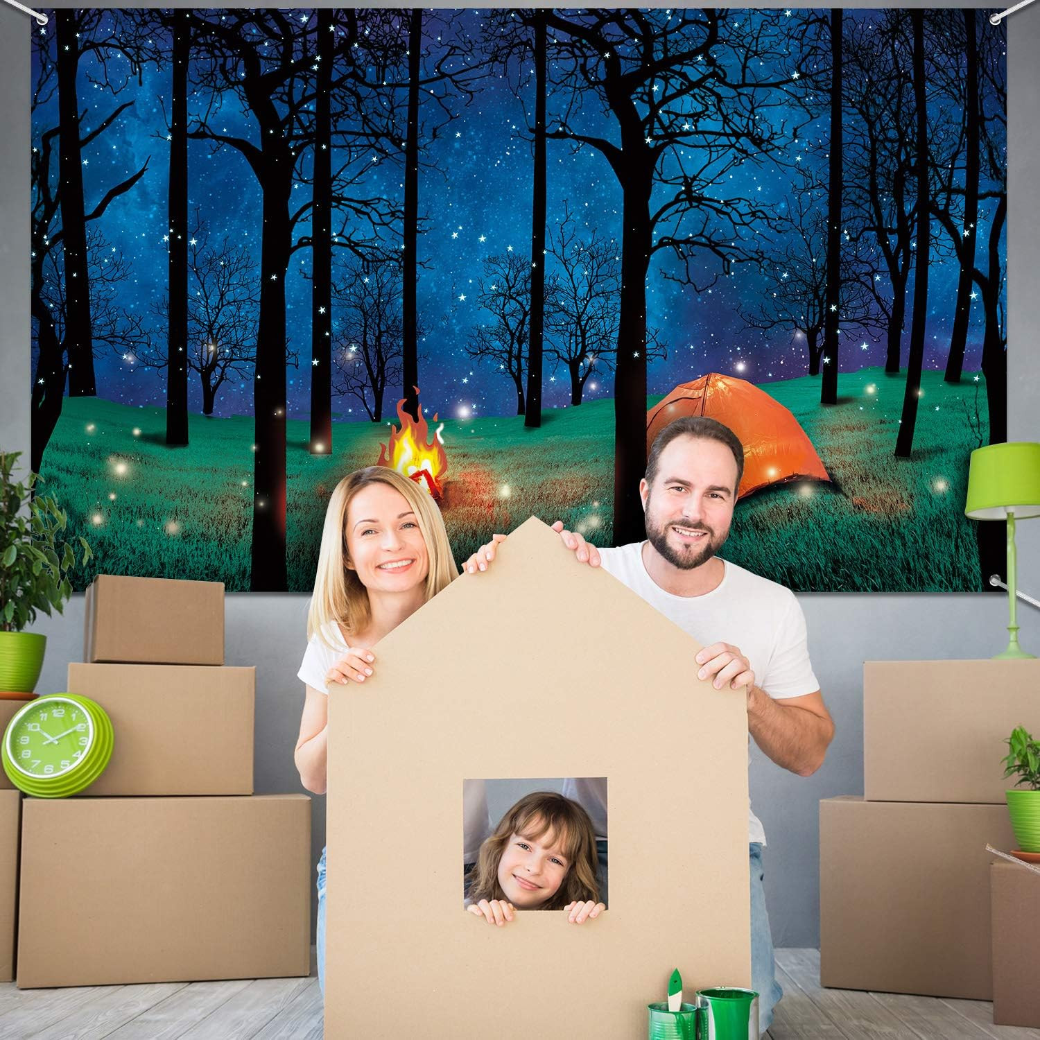Forest Camping Backdrop 6.1 x3.6ft Campfire Tent Forest Scene Photo Party Banner