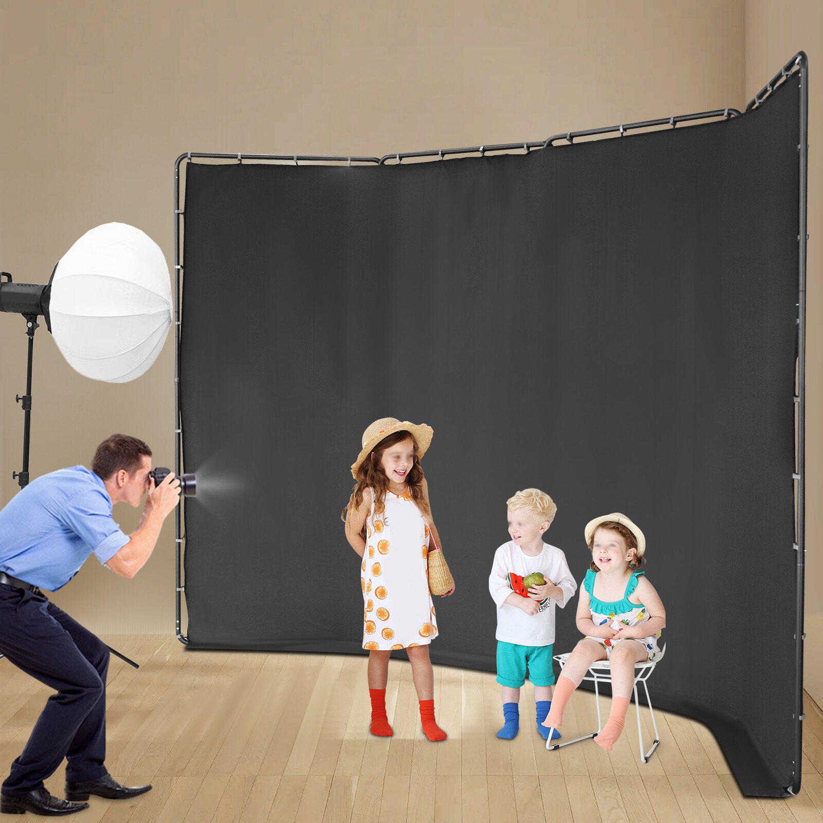 Backdrop Stand Floor Standing Photography Backdrop Stand w/Black Cloth 3.88*2.3m