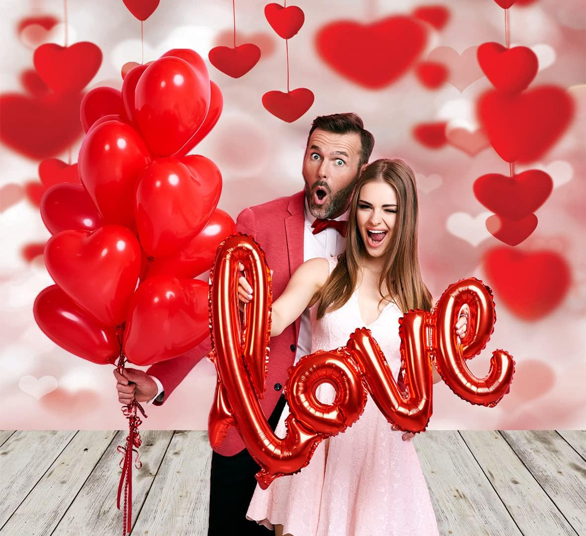 WOLADA Valentine Photography Backdrop – Red Heart Bokeh & Rustic Wood Photo Back