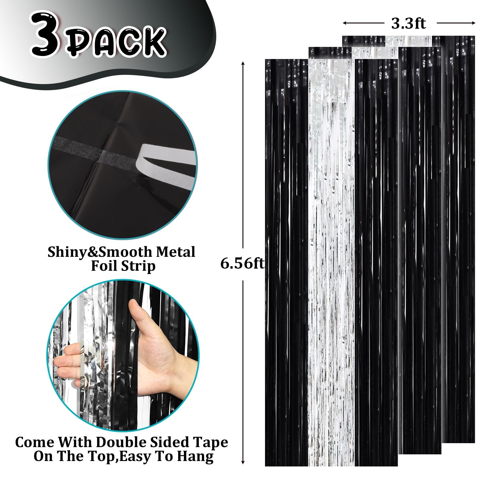 3 PCS 3.3×8.2 Ft Black Silver Foil Fringe Backdrop Curtains Tinsel Decor