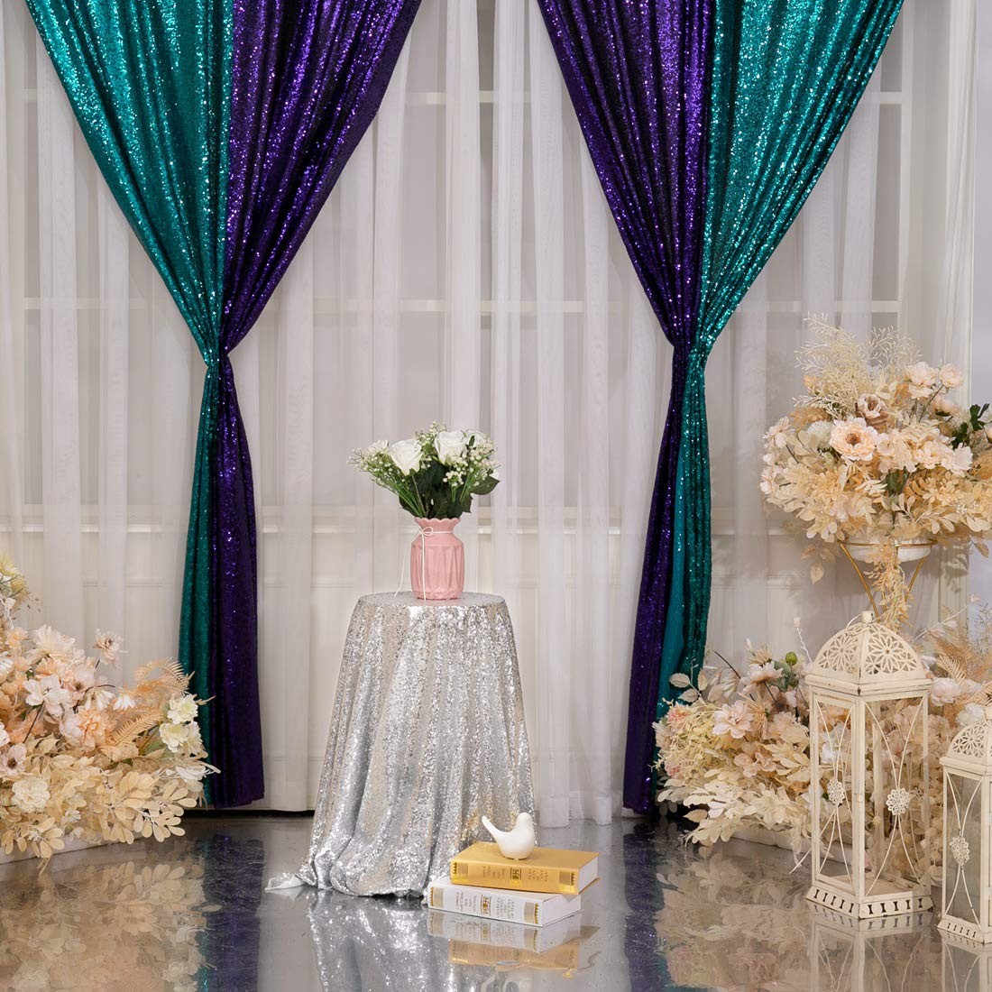 Poise3EHome 2Pcs 3Ft x 8Ft Purple Sequin Backdrop Curtain, Glitter Photograph…