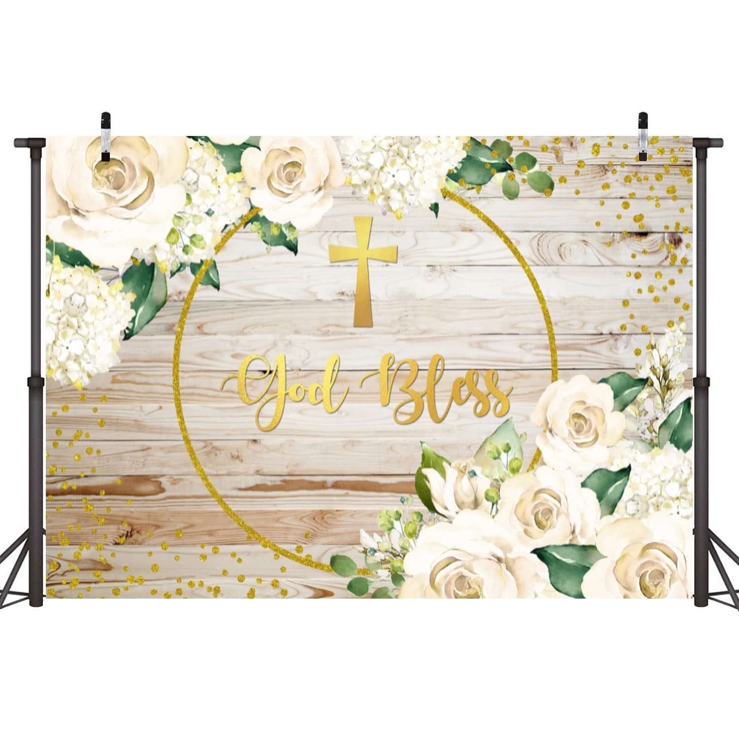 God Bless Backdrop Rustic Wood White Floral Newborn Baby Shower Photography B…