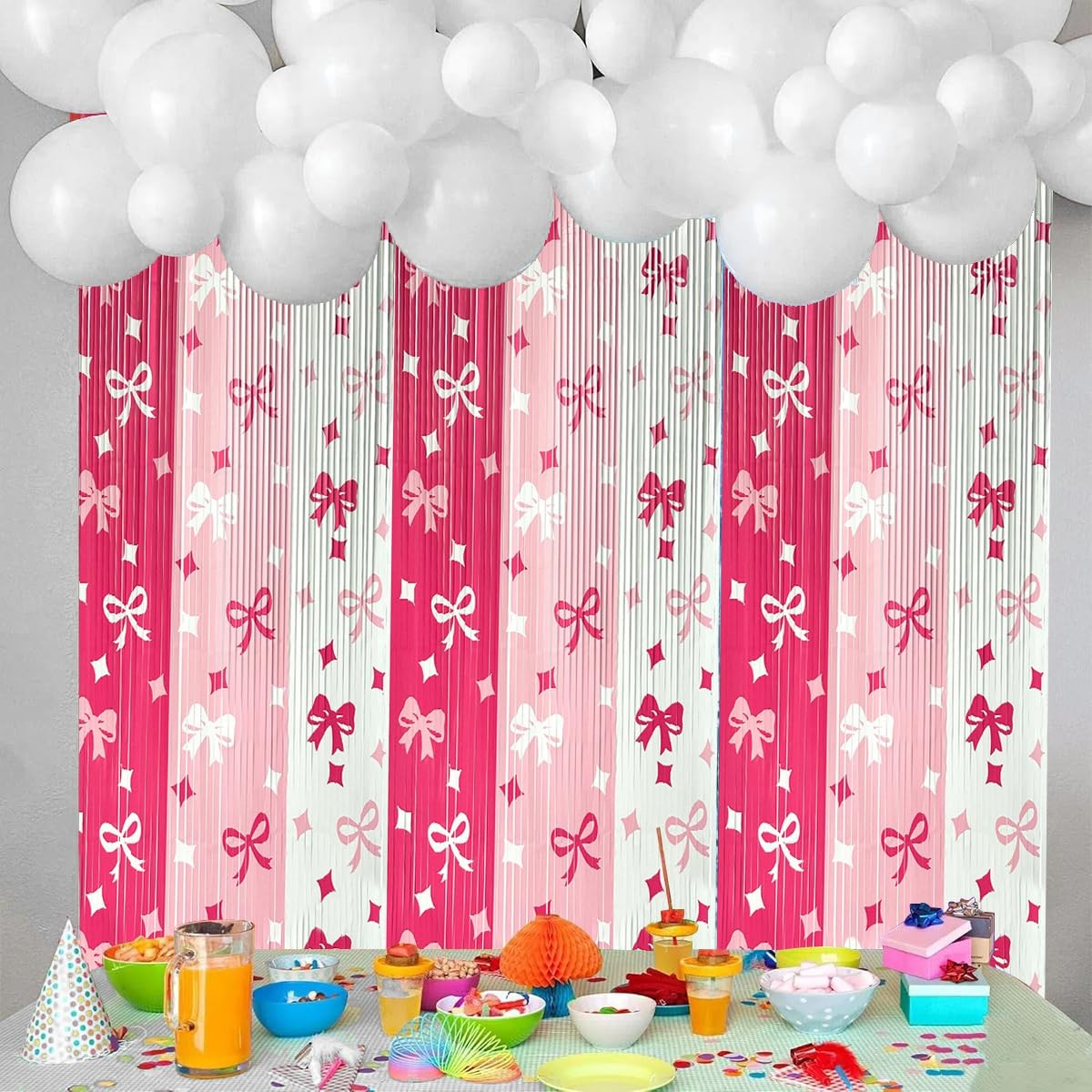 3 PCS Pink Bow Tinsel Foil Fringe Curtains Party Backdrop Birthday Decor