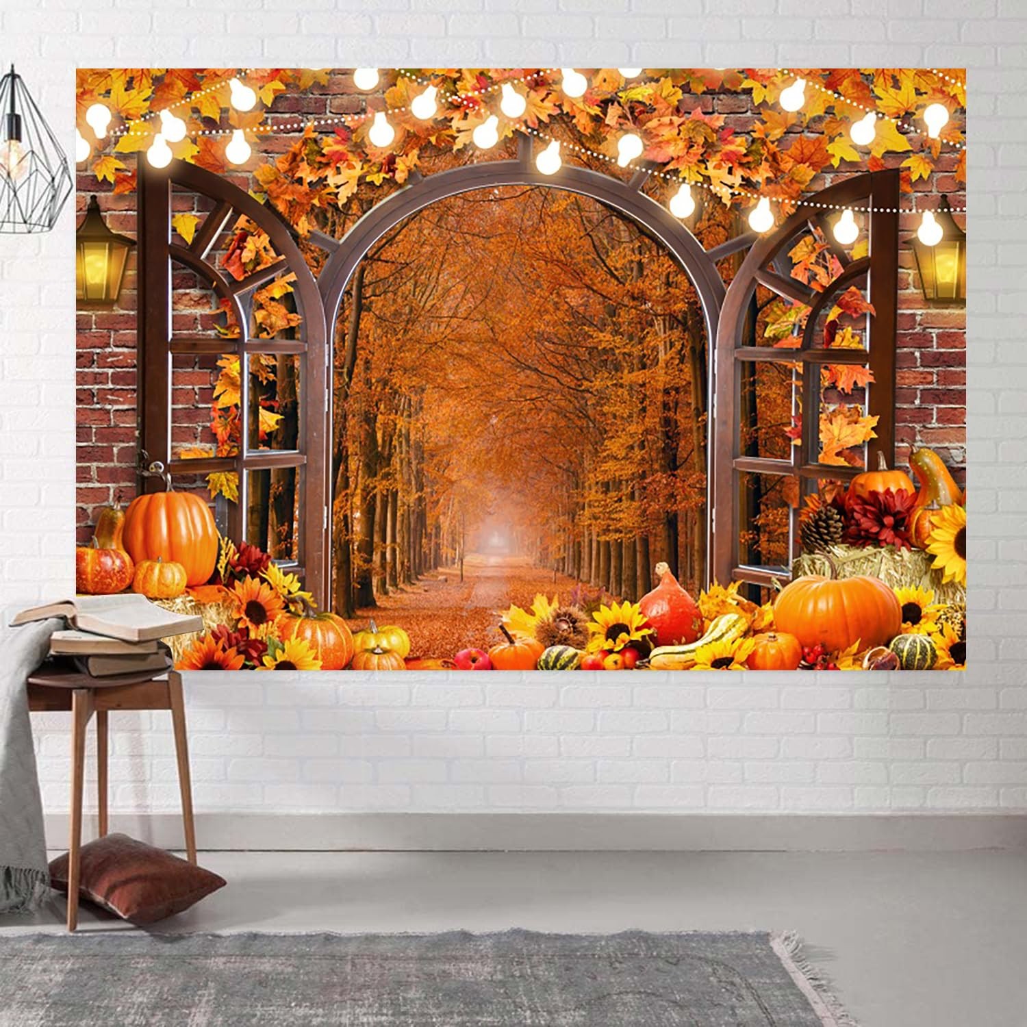 10x8FT Fall Harvest Pumpkin Window Brick Wall Photo Backdrop Party Booth Prop