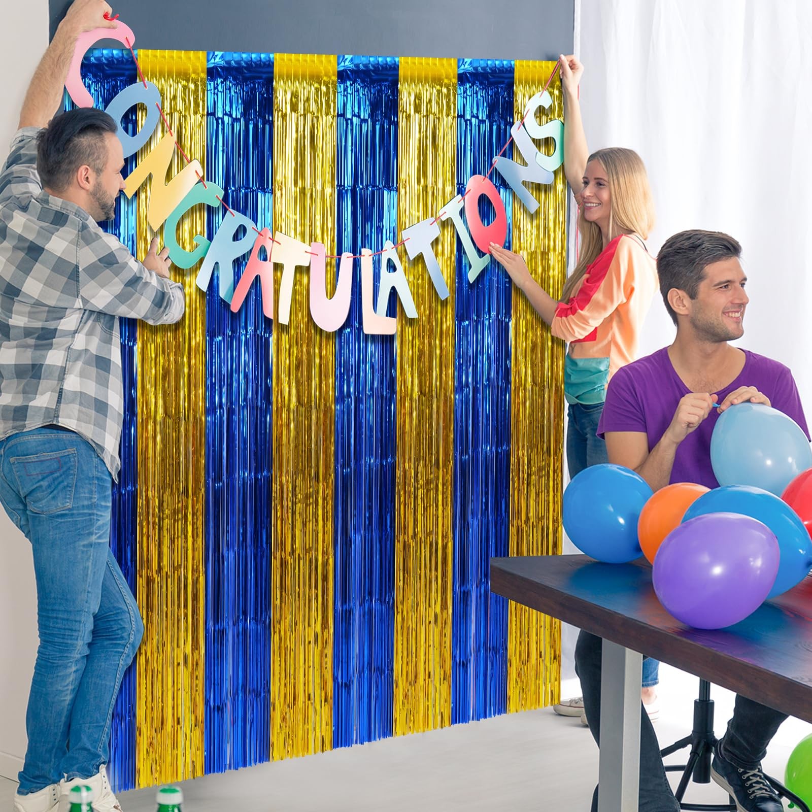 6 Pack 3.3Ft x 6.6Ft Graduation Foil Fringe Curtain 3.3X6.6Ft, Blue Gold