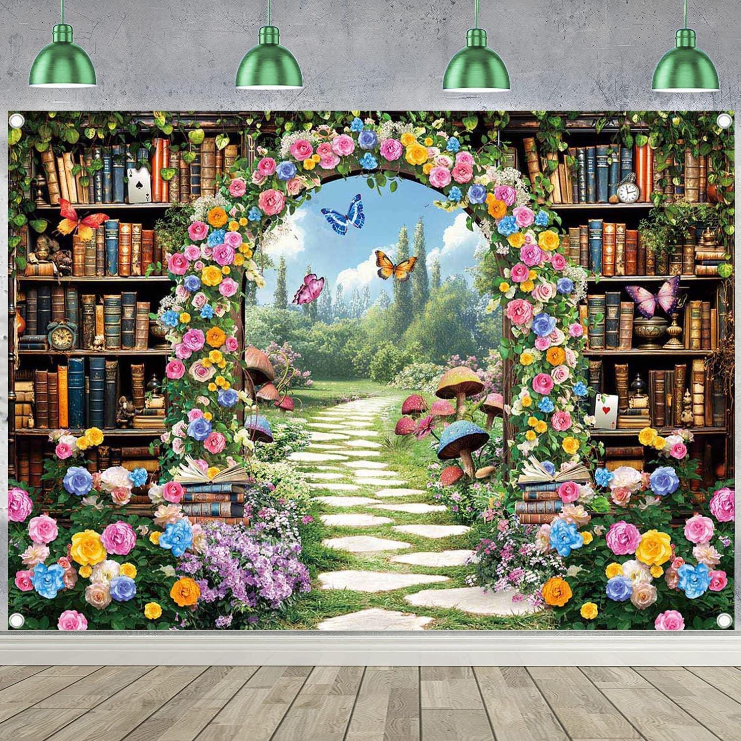 8×6 FT Fairy Garden Library Backdrop Enchanted Forest Bookshelf Decor