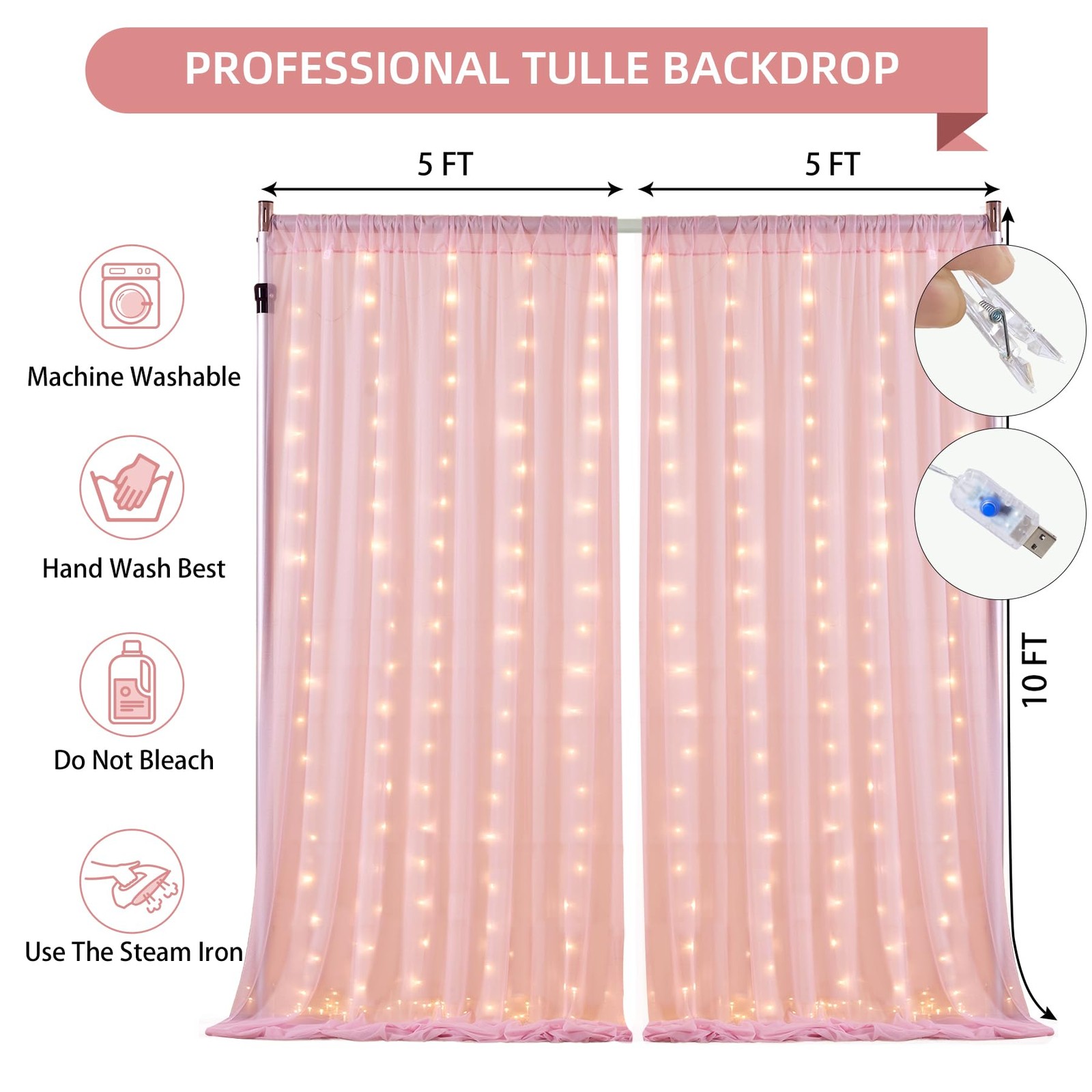 Pink Wrinkle Free Backdrop Curtains with Lights String 10x10FT Party Decor