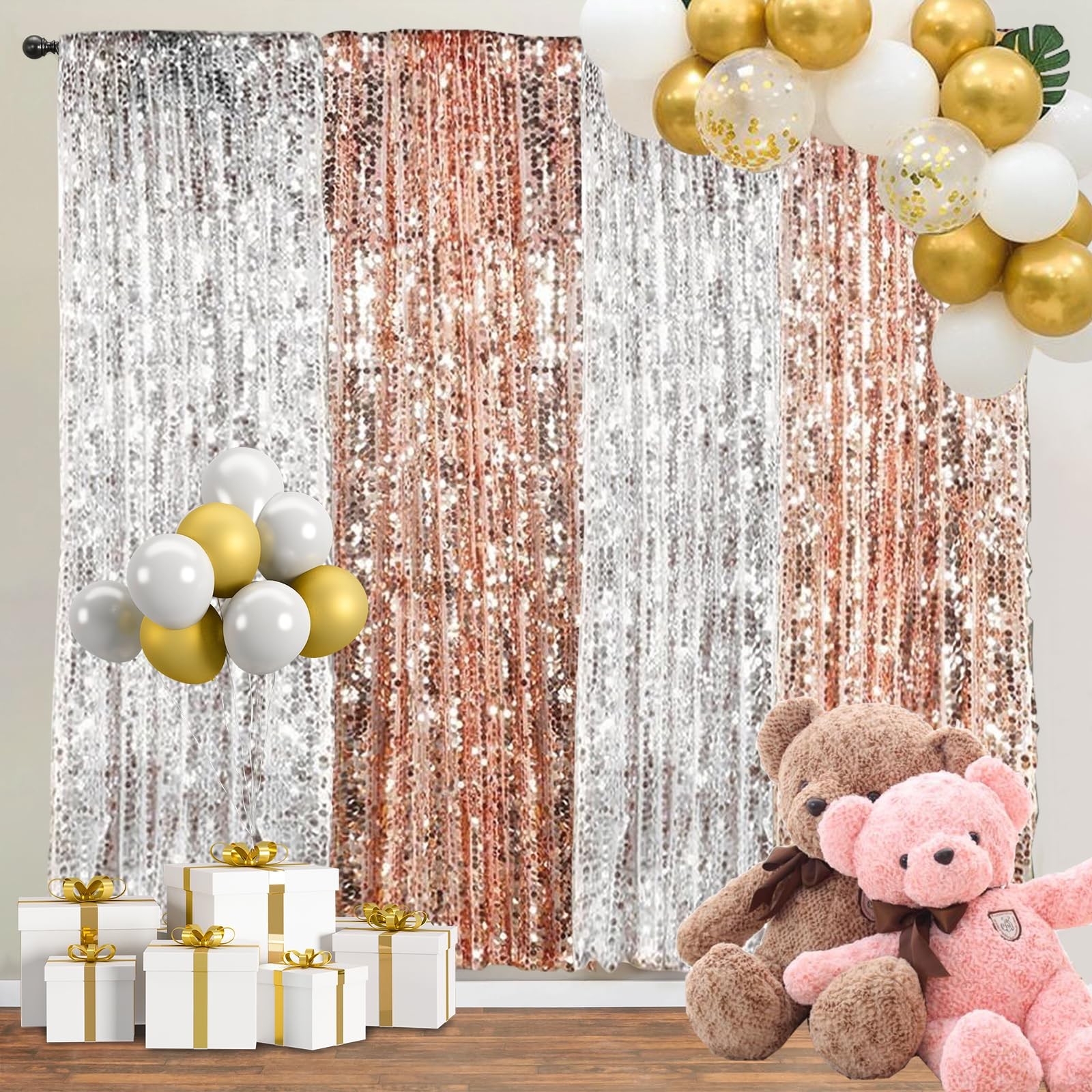 Rose Gold Sequin Backdrop Curtains Drapes Panels Party Decor 9x9ft Big Sequin