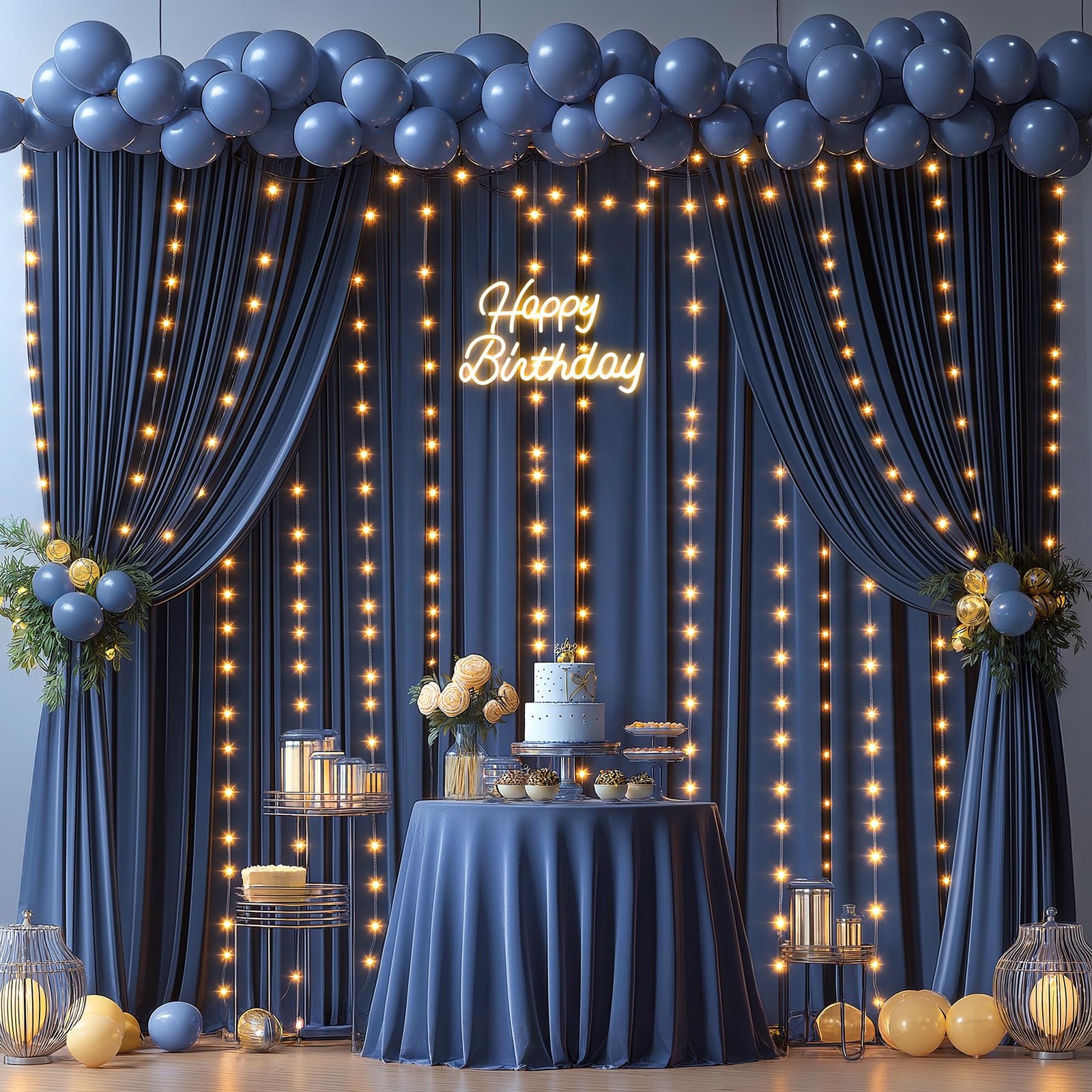 2 Panels 5x10ft Navy Blue Backdrop Curtains Set With Lights String Set