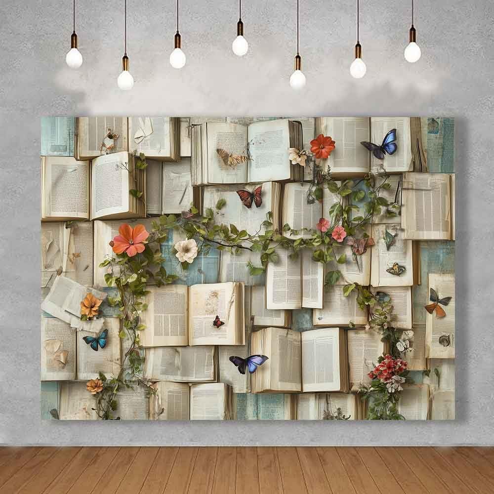 7x5ft Books Theme Photo Backdrop Flowers Bookshelf Floral Photography Background