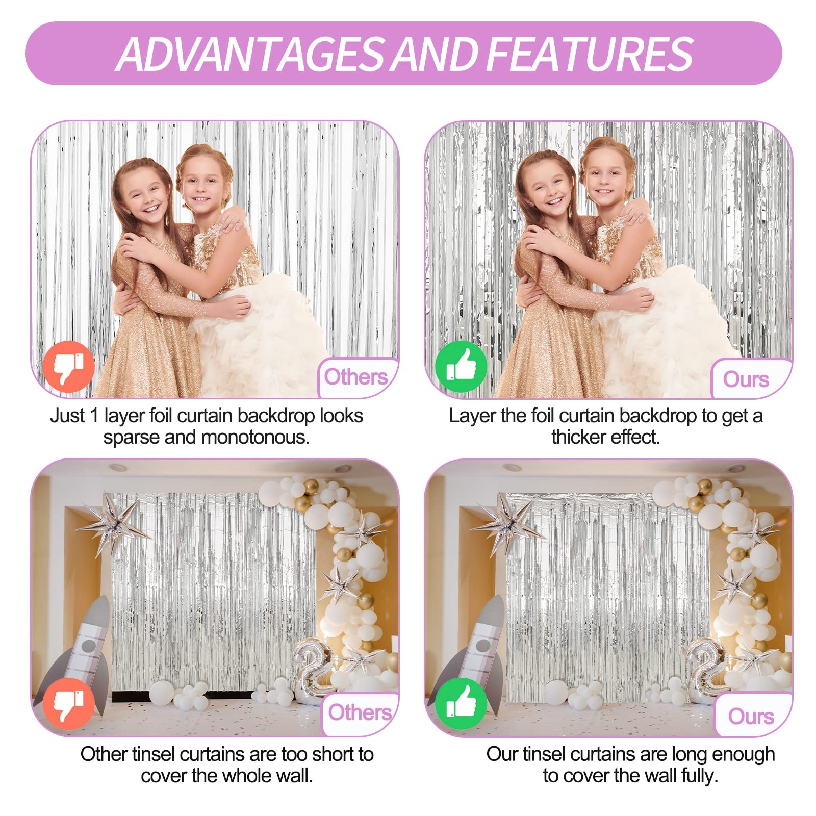 4 PCS 3.3×9.9 Ft Silver Foil Fringe Curtain Backdrop Tinsel Door Streamer