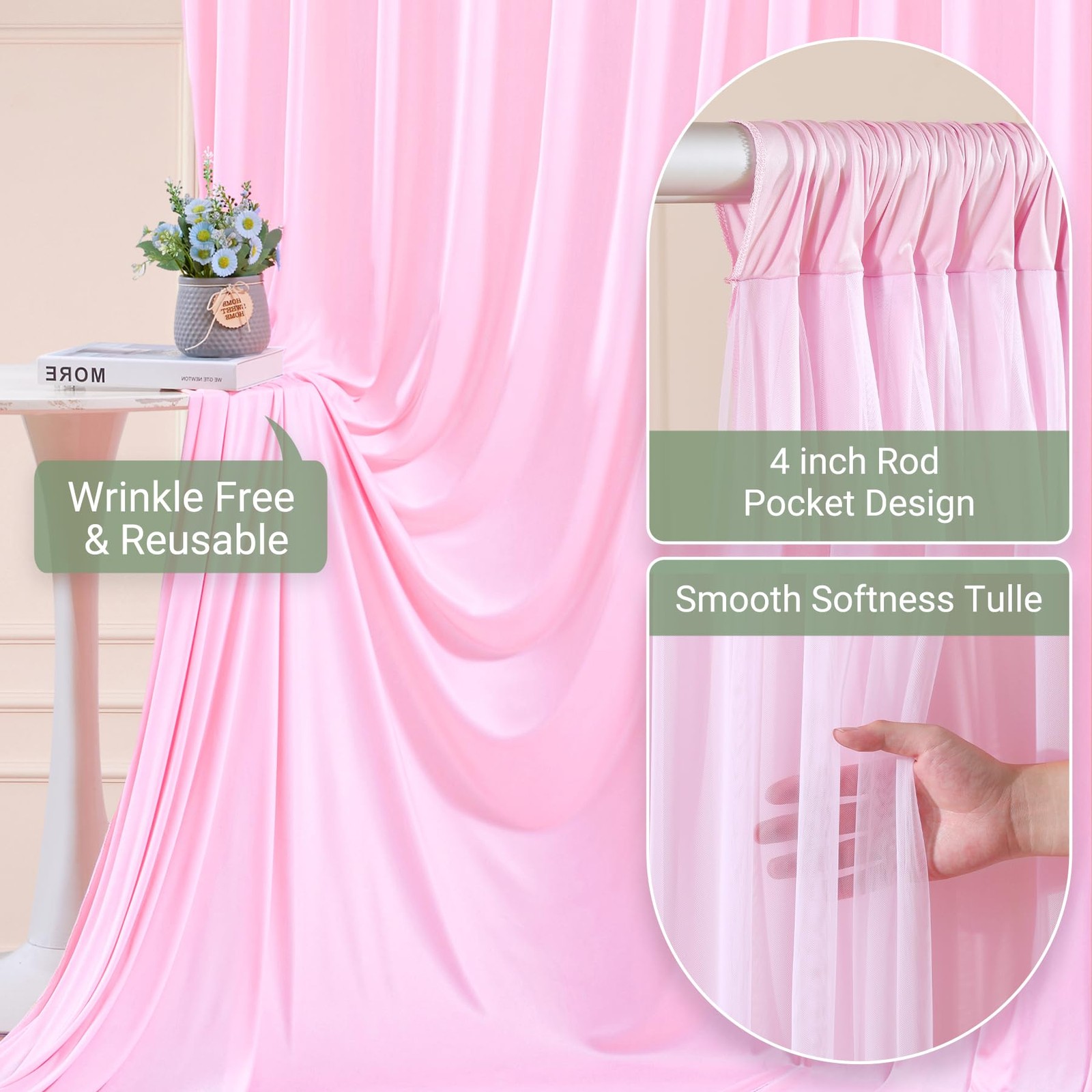 5×10 FT Baby Pink Tulle Wrinkle Free 2 Layer Backdrop Curtains Wedding Drapes