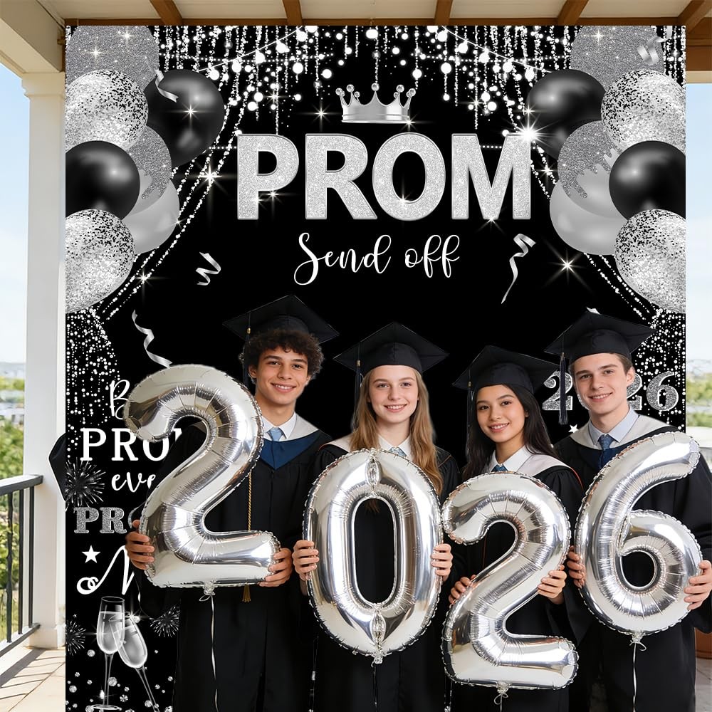 Prom 2026 Graduations Backdrop Congrats Grad Banner Black Silver Glitter Balloon