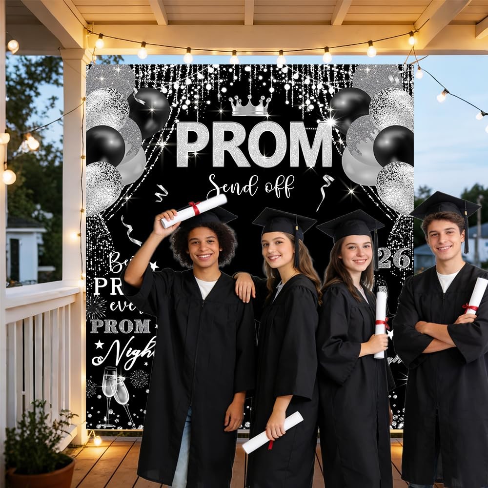 Prom 2026 Graduations Backdrop Congrats Grad Banner Black Silver Glitter Balloon
