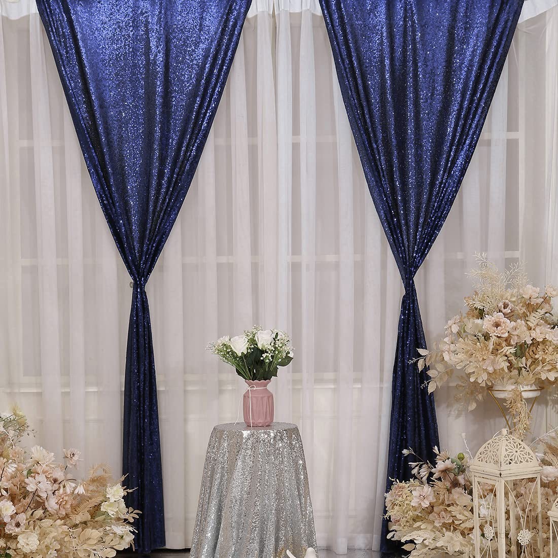 2 PCS 2×8 Ft Navy Blue Sequin Backdrop Curtain Background Wedding Party