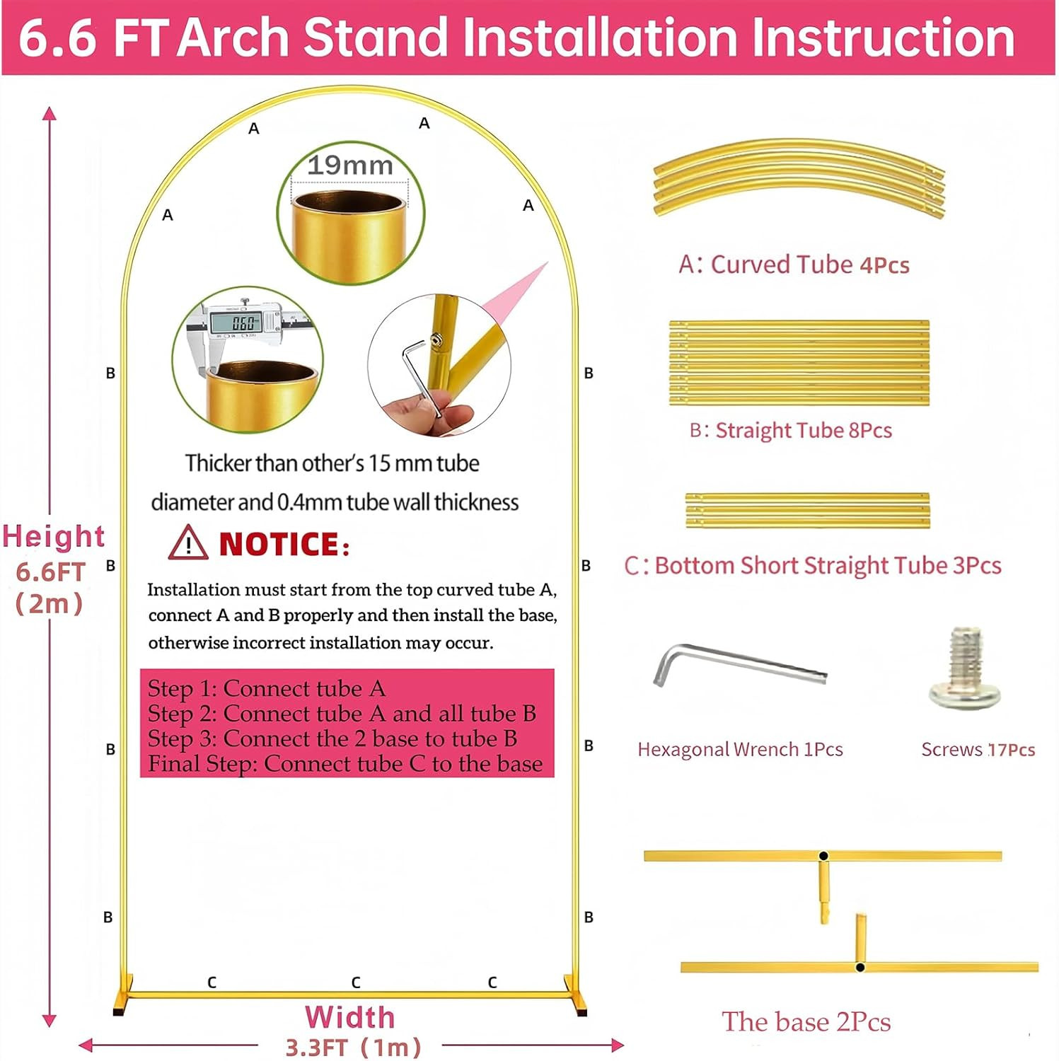 6.6FT Metal Wedding Arch Stand Gold Square Arched Backdrop Frame for Party Cerem